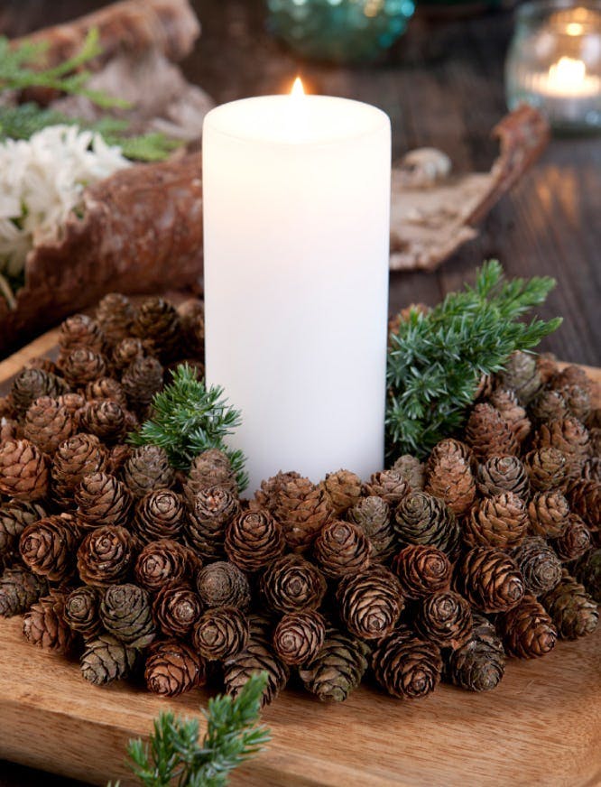 Dekoration til jul med mange grankogler.