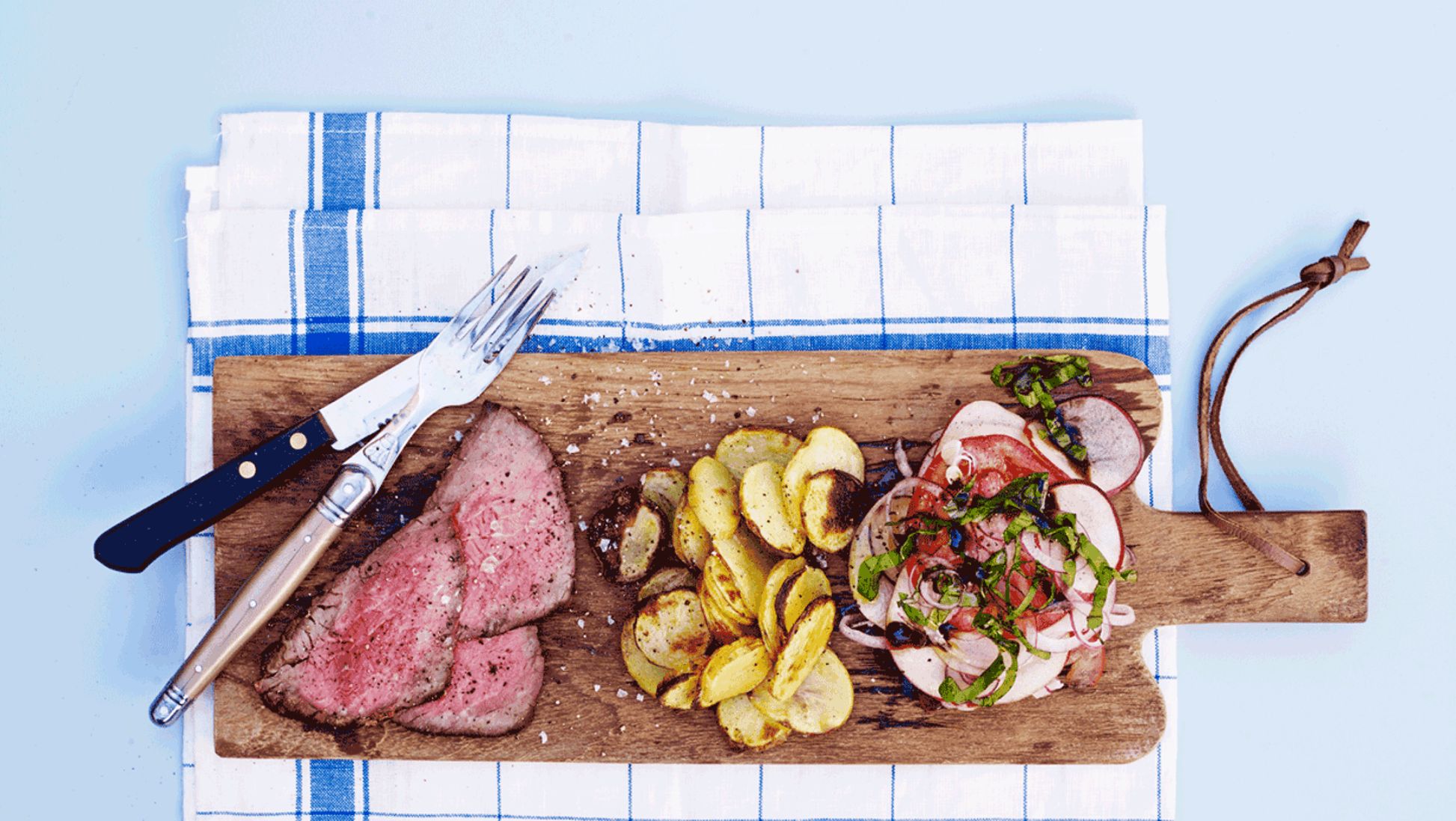 Opskrift på roastbeef med stegte kartofler.