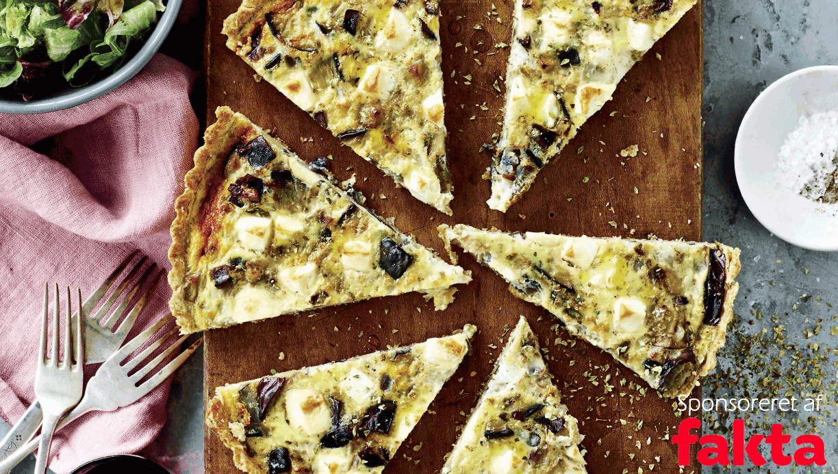 Fuldkornstærte med aubergine og hytteost 