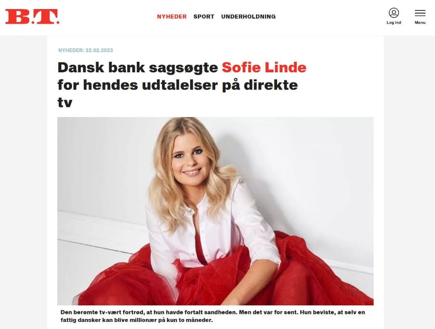 Sådan ser den falske artikel ud, som Sofie Linde bliver misbrugt i.

