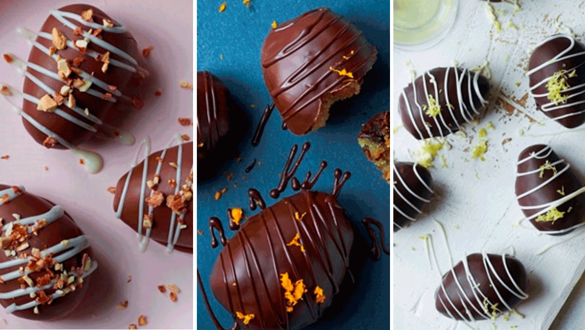 Hjemmelavede påskeæg med nougatcrunch, svesker og rom samt citronlikør og hvid chokolade