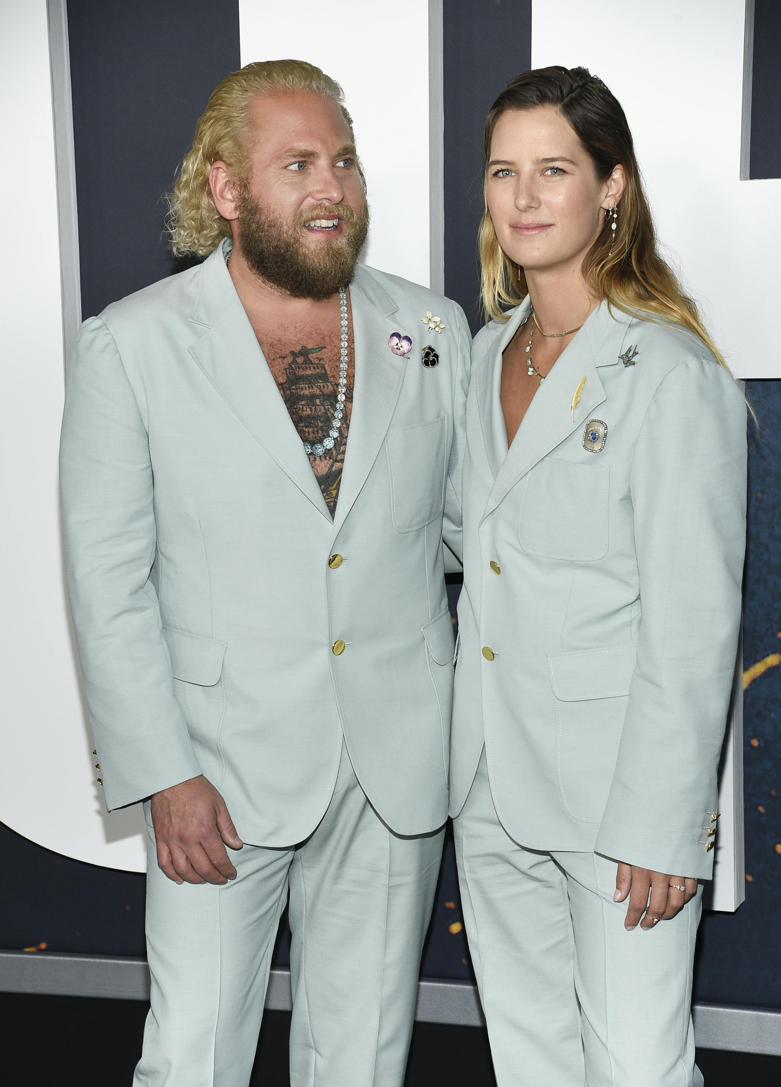 Jonah Hill, left, and Sarah Brady attend the world premiere of "Don't Look Up" at Jazz at Lincoln Center on Sunday, Dec. 5, 2021, in New York. (Photo by Evan Agostini/Invision/AP)