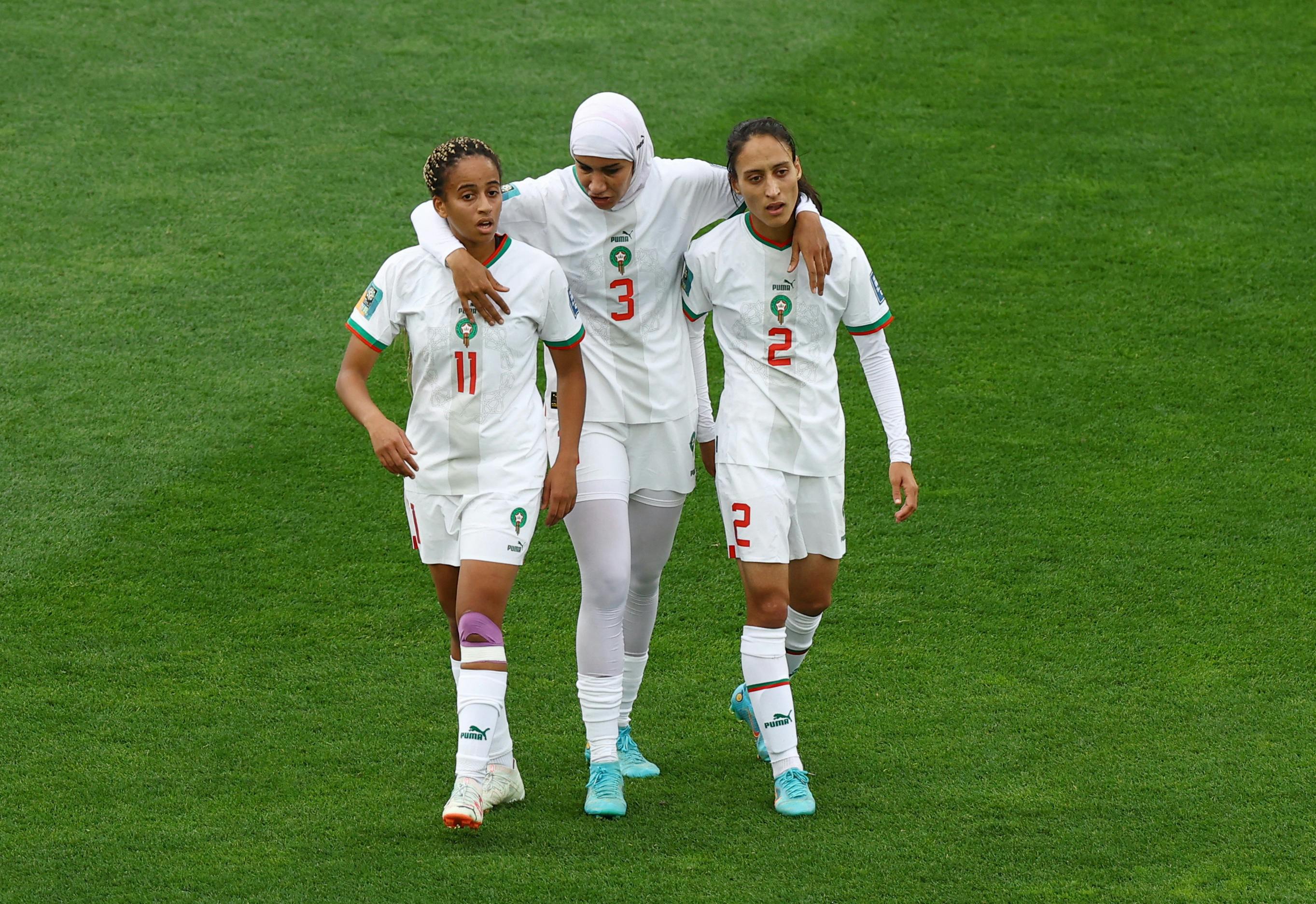 Soccer Football - FIFA Women's World Cup Australia and New Zealand 2023 - Group H - South Korea v Morocco - Hindmarsh Stadium, Adelaide, Australia - July 30, 2023 Morocco's Nouhaila Benzina, Fatima Tagnaout and Zineb Redouani REUTERS/Hannah Mckay