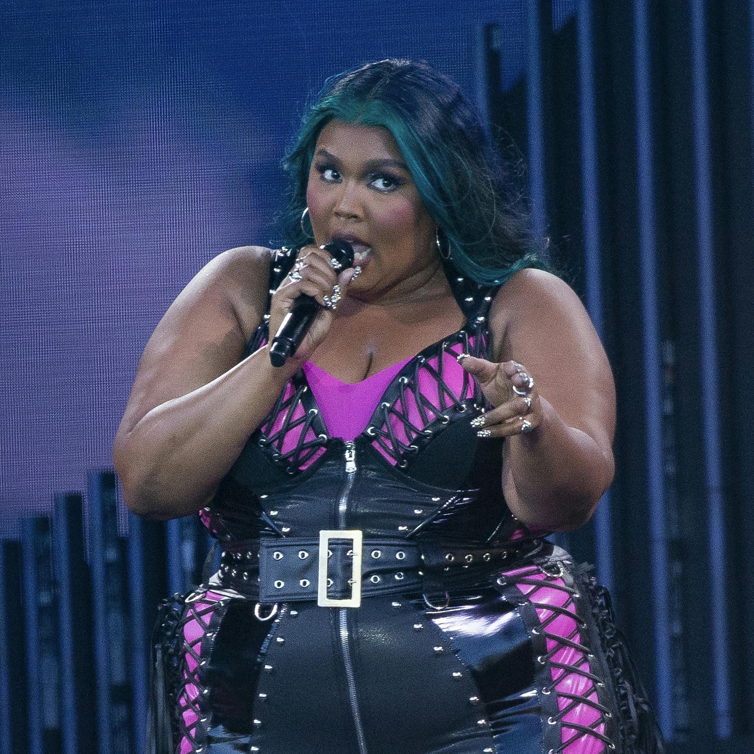 Lizzo performs during Glastonbury Festival in Worthy Farm, Somerset, England, Saturday, June 24, 2023. (Joel C Ryan/Invision/AP)