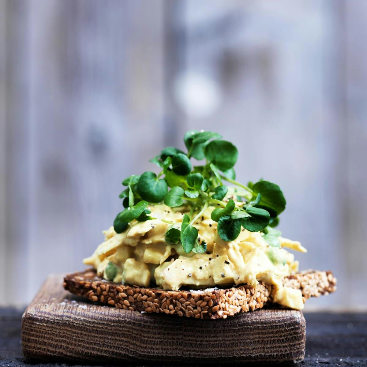 Hjemmelavet æggesalat på rugbrød med brøndkarse