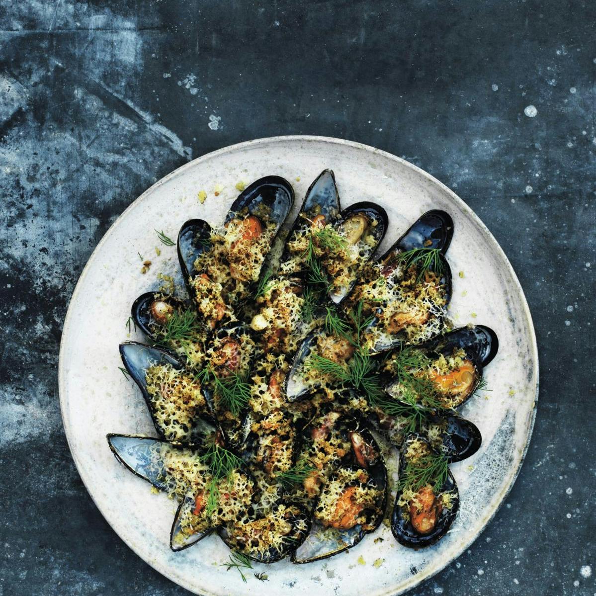 Timms gratinerede blåmuslinger - perfekte som forret