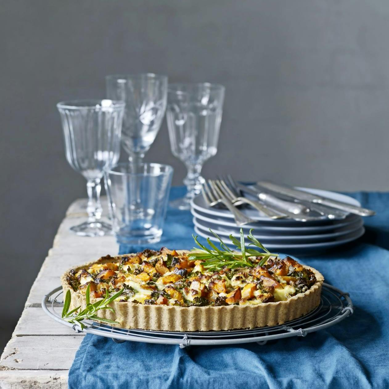 Tærte med græskar, grønkål og feta