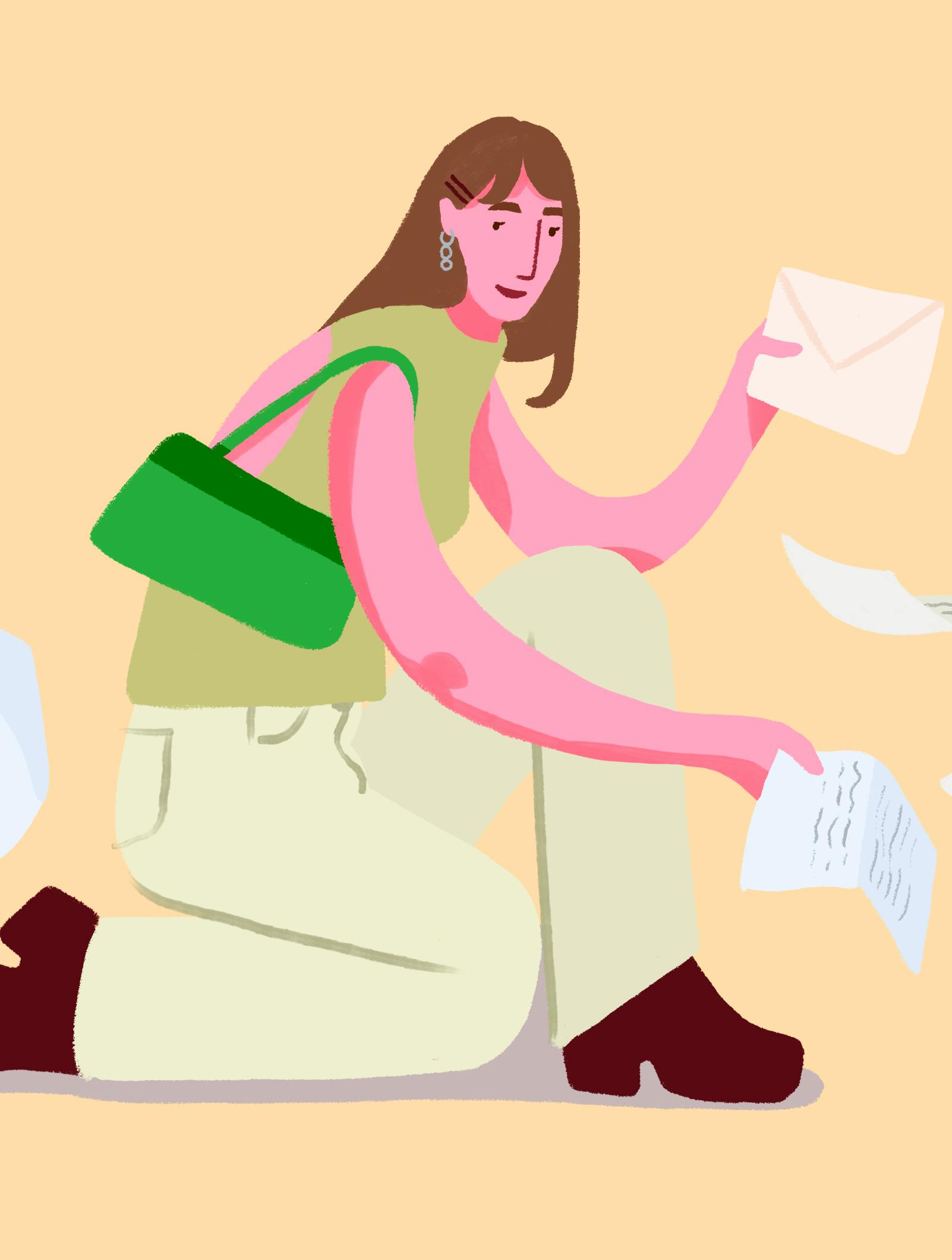 Brevkasse, kvinde med breve, illustration