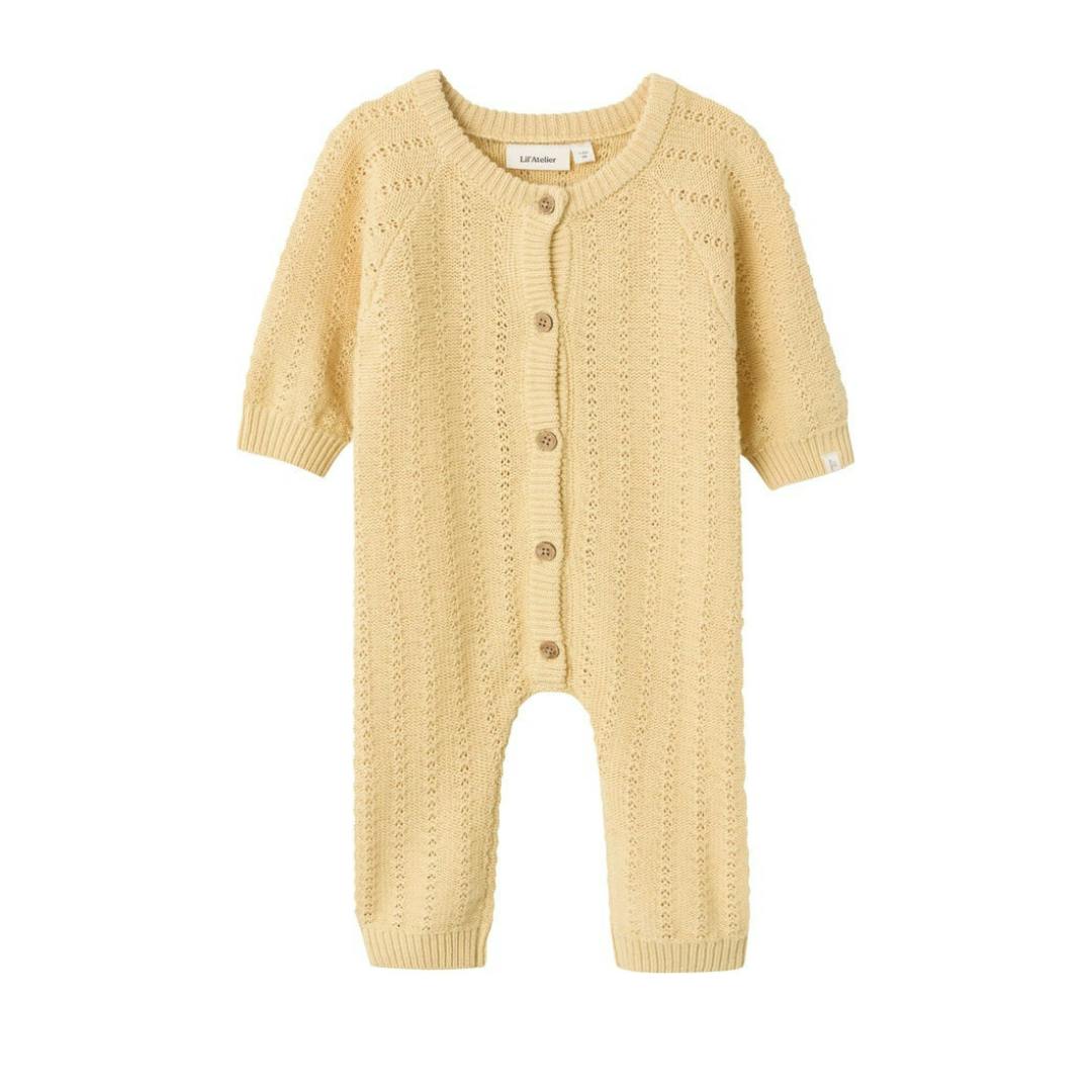 Gul strikket heldragt til baby