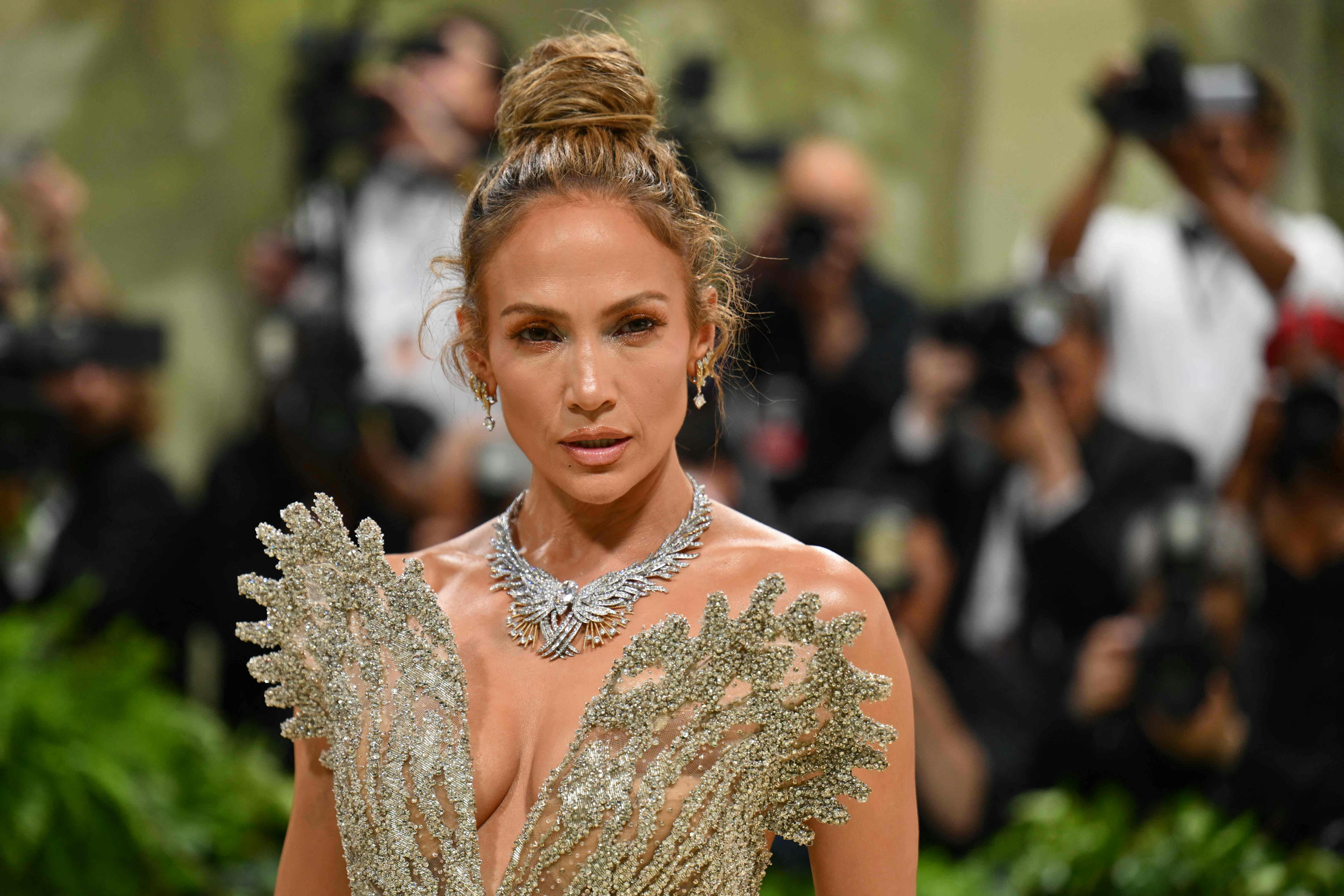 US singer and actress Jennifer Lopez arrives for the 2024 Met Gala at the Metropolitan Museum of Art on May 6, 2024, in New York. The Gala raises money for the Metropolitan Museum of Art's Costume Institute. The Gala's 2024 theme is "Sleeping Beauties: Reawakening Fashion." (Photo by Angela WEISS / AFP)