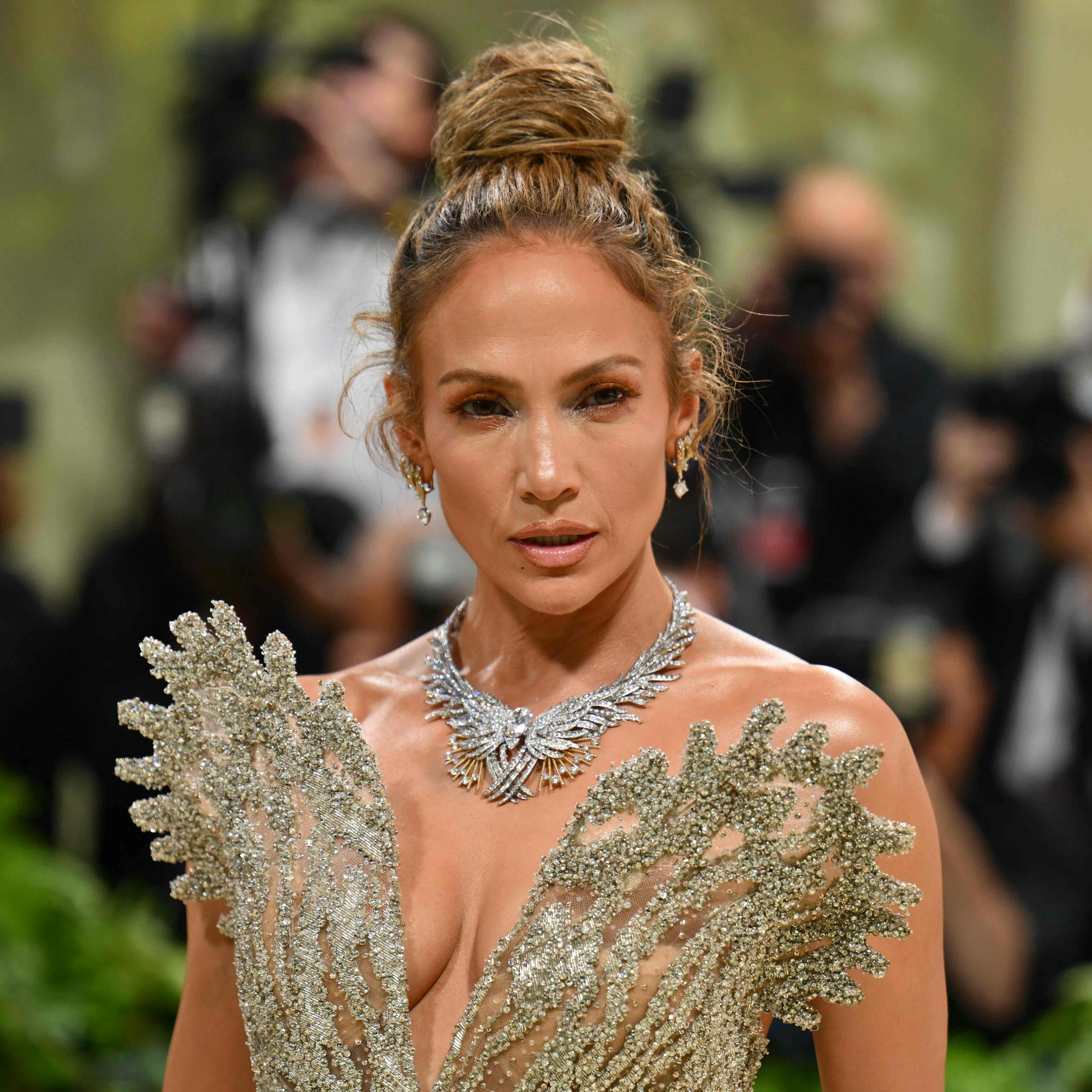 US singer and actress Jennifer Lopez arrives for the 2024 Met Gala at the Metropolitan Museum of Art on May 6, 2024, in New York. The Gala raises money for the Metropolitan Museum of Art's Costume Institute. The Gala's 2024 theme is "Sleeping Beauties: Reawakening Fashion." (Photo by Angela WEISS / AFP)