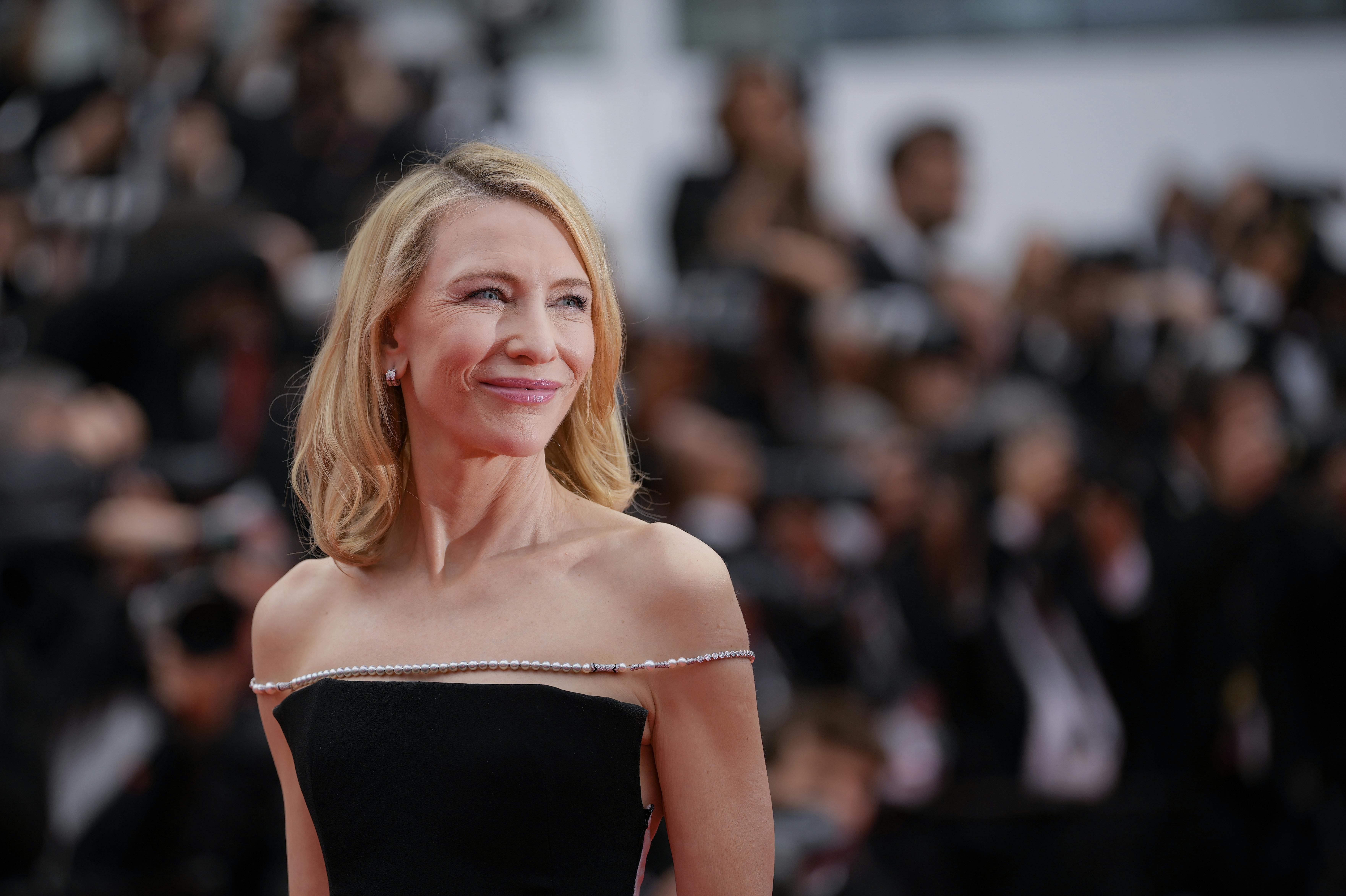 Cate Blanchett poses for photographers upon arrival at the premiere of the film 'The Apprentice' at the 77th international film festival, Cannes, southern France, Monday, May 20, 2024. (Photo by Andreea Alexandru/Invision/AP)