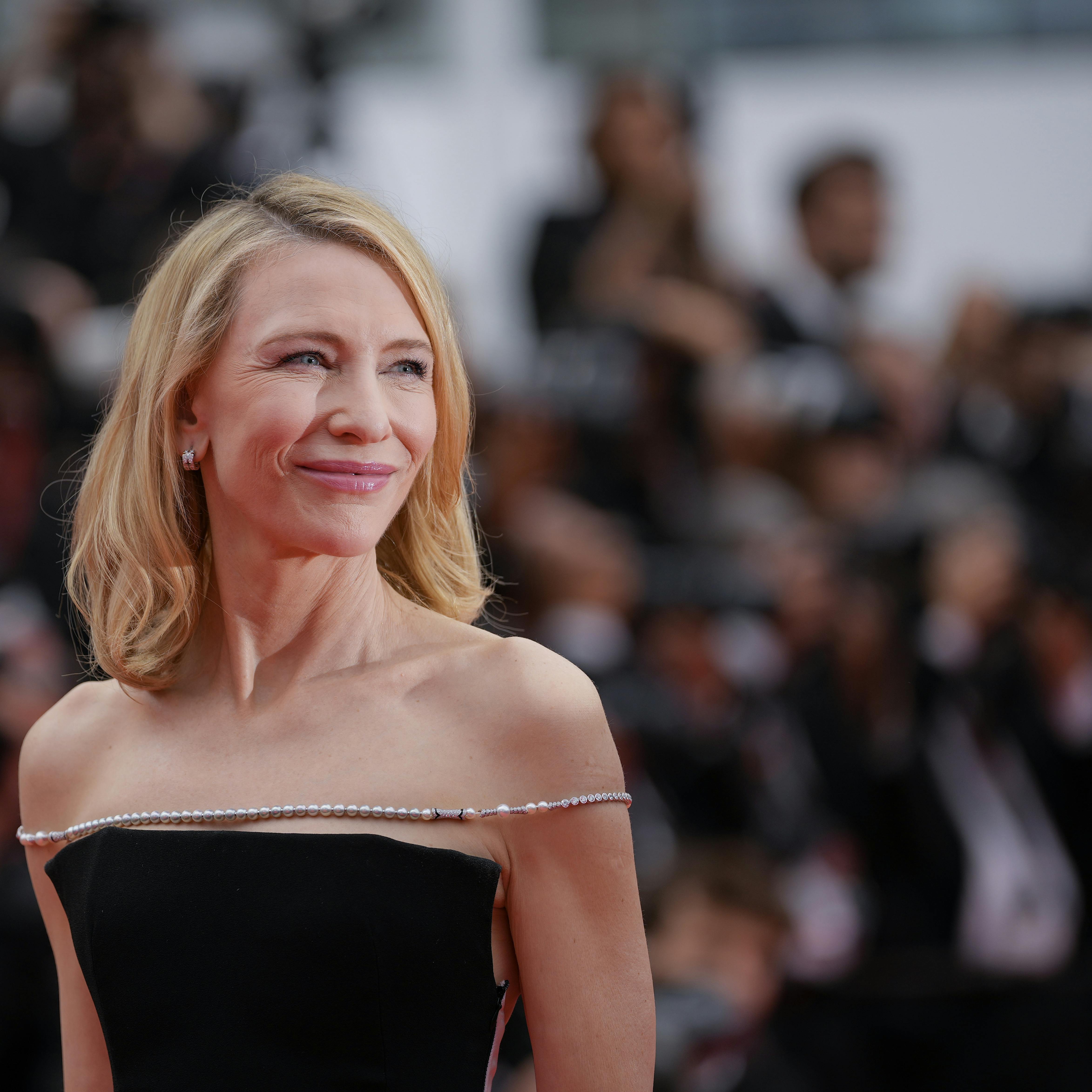 Cate Blanchett poses for photographers upon arrival at the premiere of the film 'The Apprentice' at the 77th international film festival, Cannes, southern France, Monday, May 20, 2024. (Photo by Andreea Alexandru/Invision/AP)
