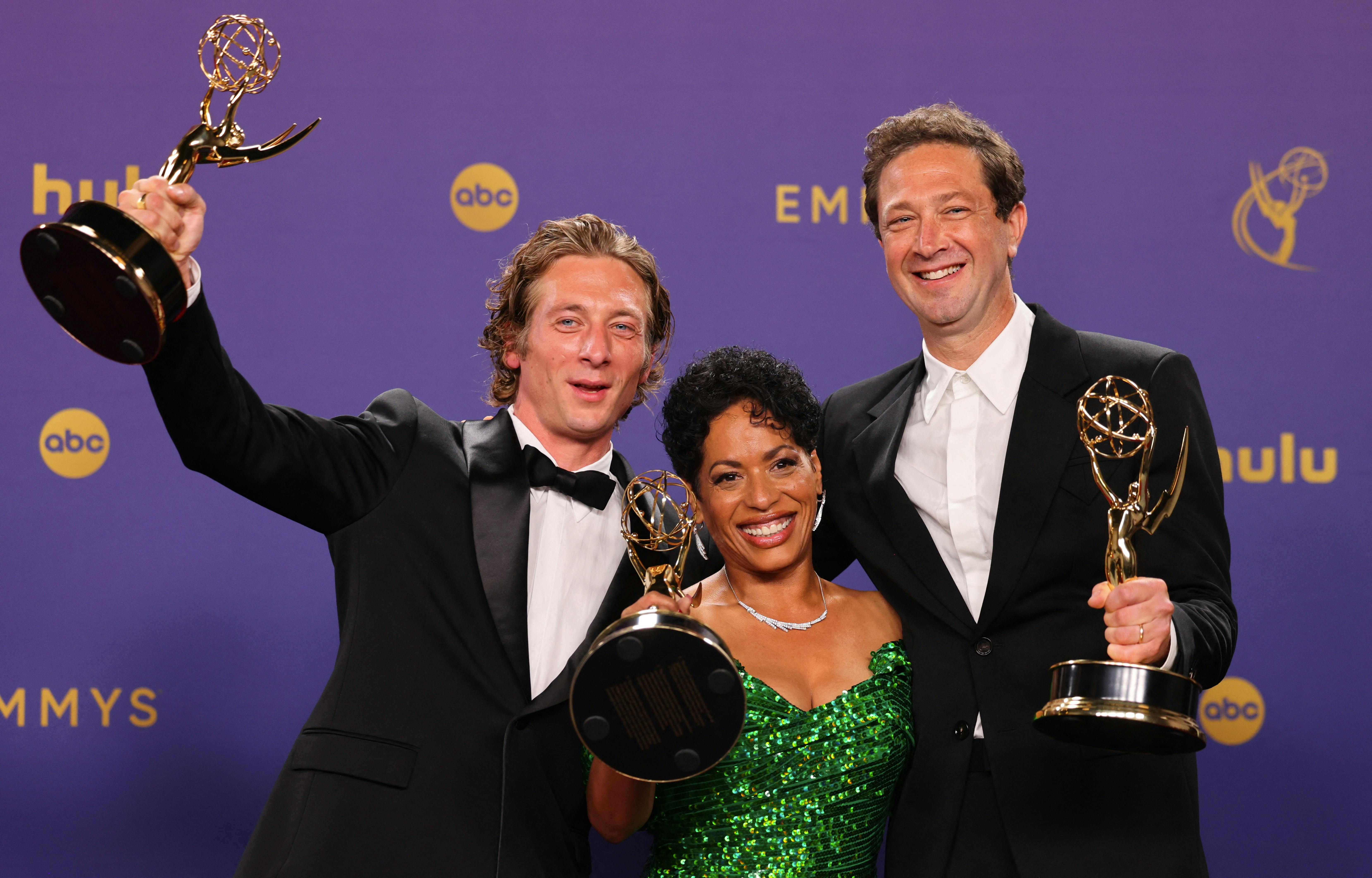 Ebon Moss-Bachrach winner of Outstanding Supporting Actor In A Comedy Series, Liza Colon-Zayas, winner of the Outstanding Supporting Actress in a Comedy Series, and Jeremy Allen White, winner of the Outstanding Lead Actor in a Comedy Series Award for "The Bear" pose at the 76th Primetime Emmy Awards in Los Angeles, California, U.S., September 15, 2024. REUTERS/Mike Blake TPX IMAGES OF THE DAY