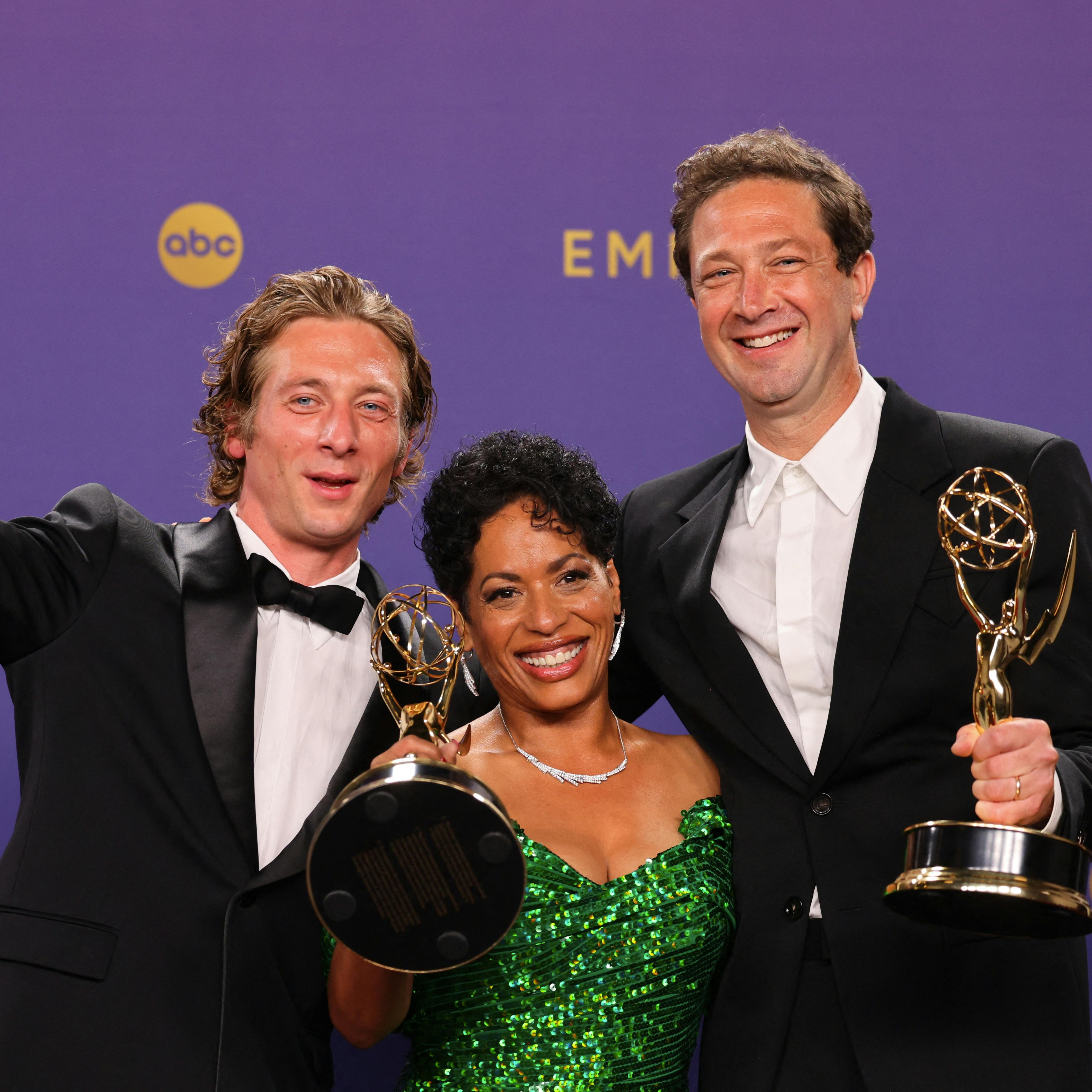 Ebon Moss-Bachrach winner of Outstanding Supporting Actor In A Comedy Series, Liza Colon-Zayas, winner of the Outstanding Supporting Actress in a Comedy Series, and Jeremy Allen White, winner of the Outstanding Lead Actor in a Comedy Series Award for "The Bear" pose at the 76th Primetime Emmy Awards in Los Angeles, California, U.S., September 15, 2024. REUTERS/Mike Blake TPX IMAGES OF THE DAY