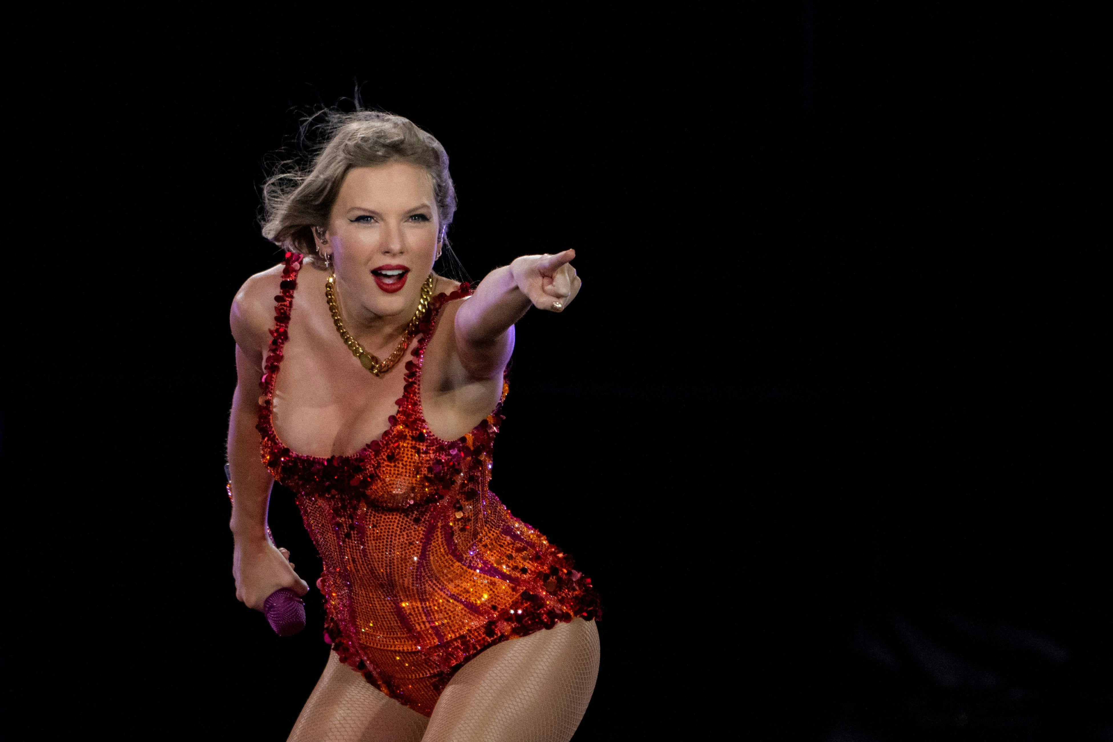 TOPSHOT - US singer Taylor Swift performs on stage during "The Eras Tour" at the Hard Rock stadium in Miami Gardens, Florida, October 18, 2024. (Photo by CHANDAN KHANNA / AFP)