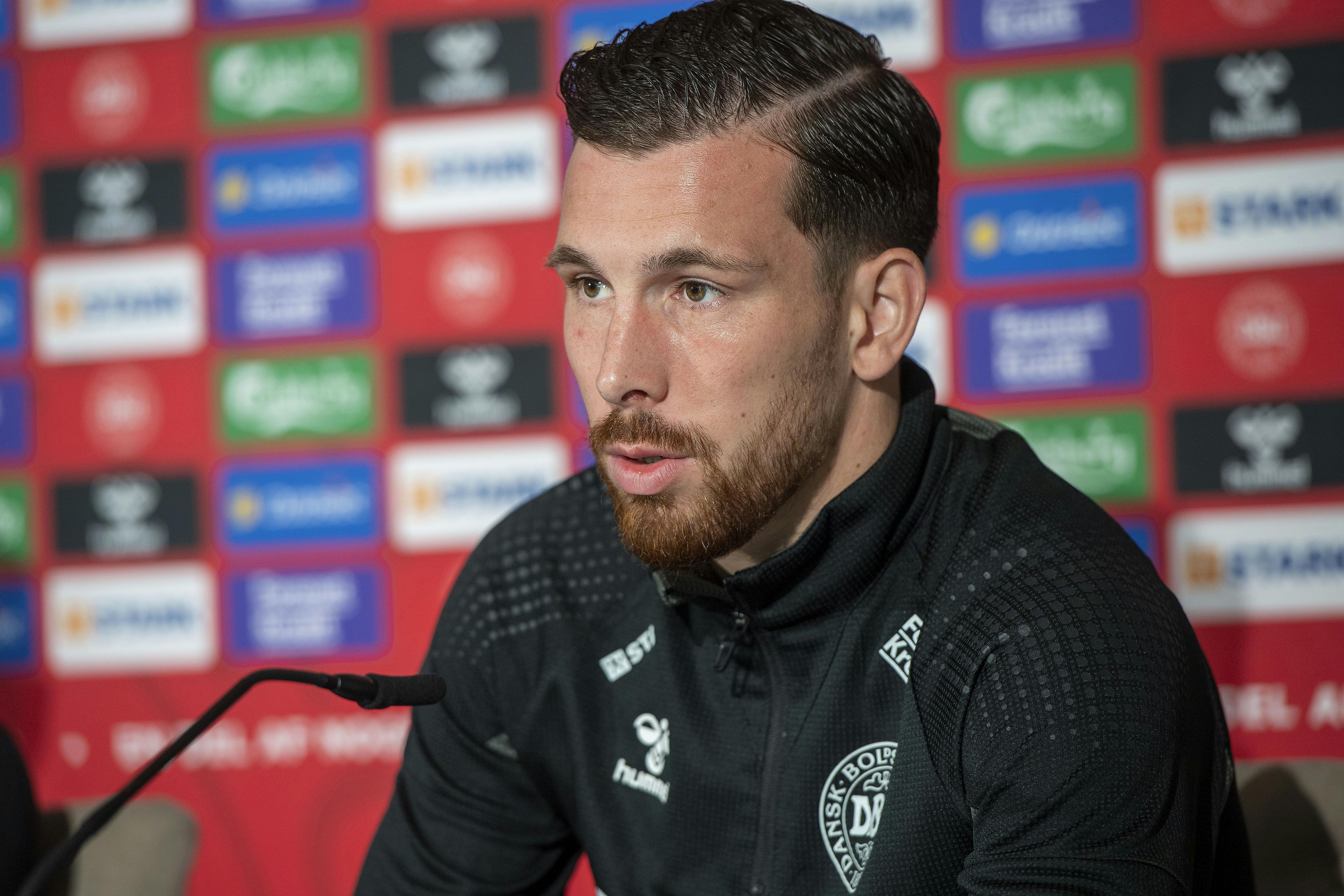 Pierre Emile Højbjerg. Pressemøde med fodboldlandsholdet på Marienlyst Strandhotel i Helsingør søndag den 12. juni 2022. Mandag møder landsholdet Østrig i Nations League kamp i Parken.. (Foto: Thomas Sjørup/Ritzau Scanpix)