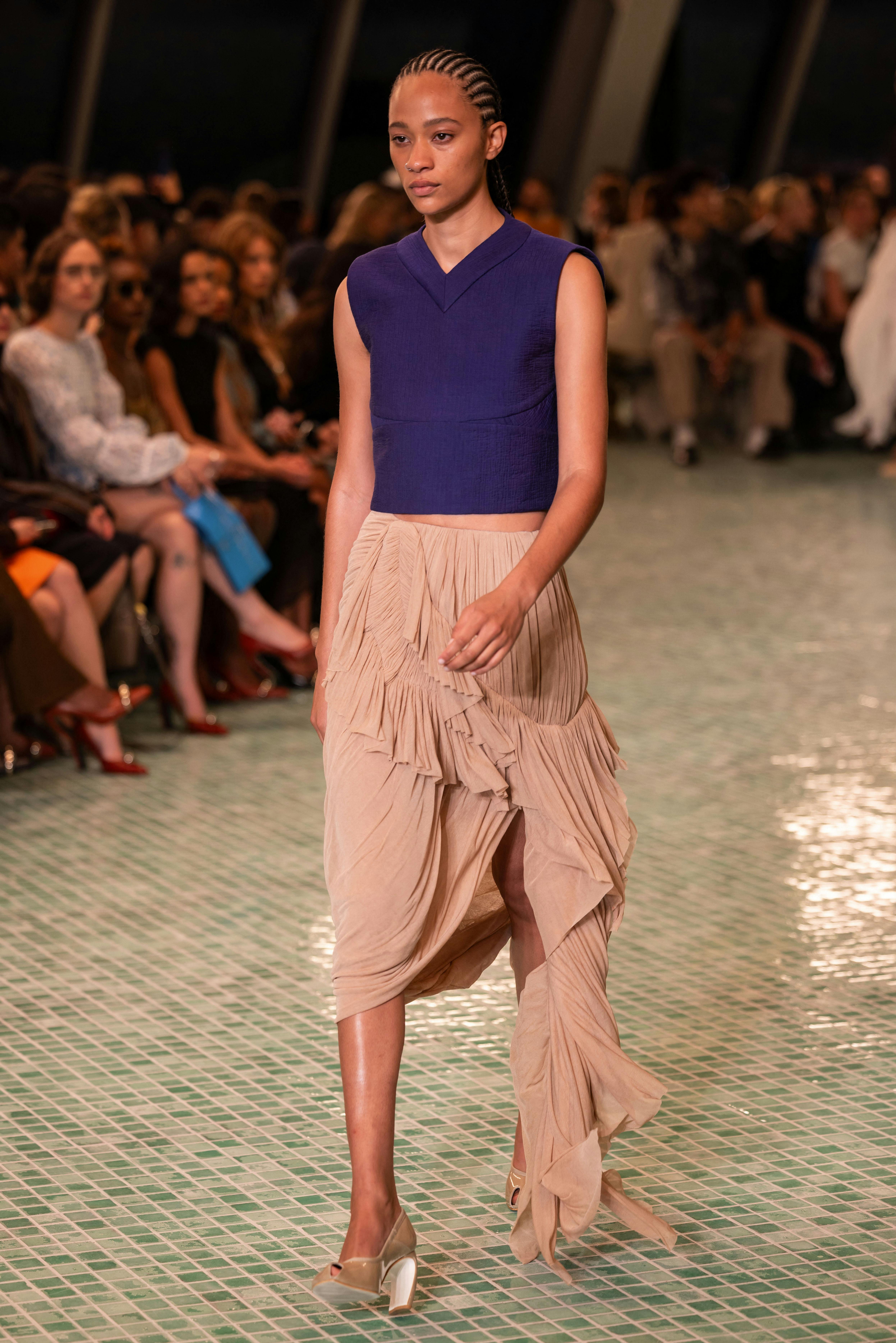 A model walks the runway for Tory Burch during New York Fashion Week in New York on September 9, 2024. Yuki IWAMURA / AFP