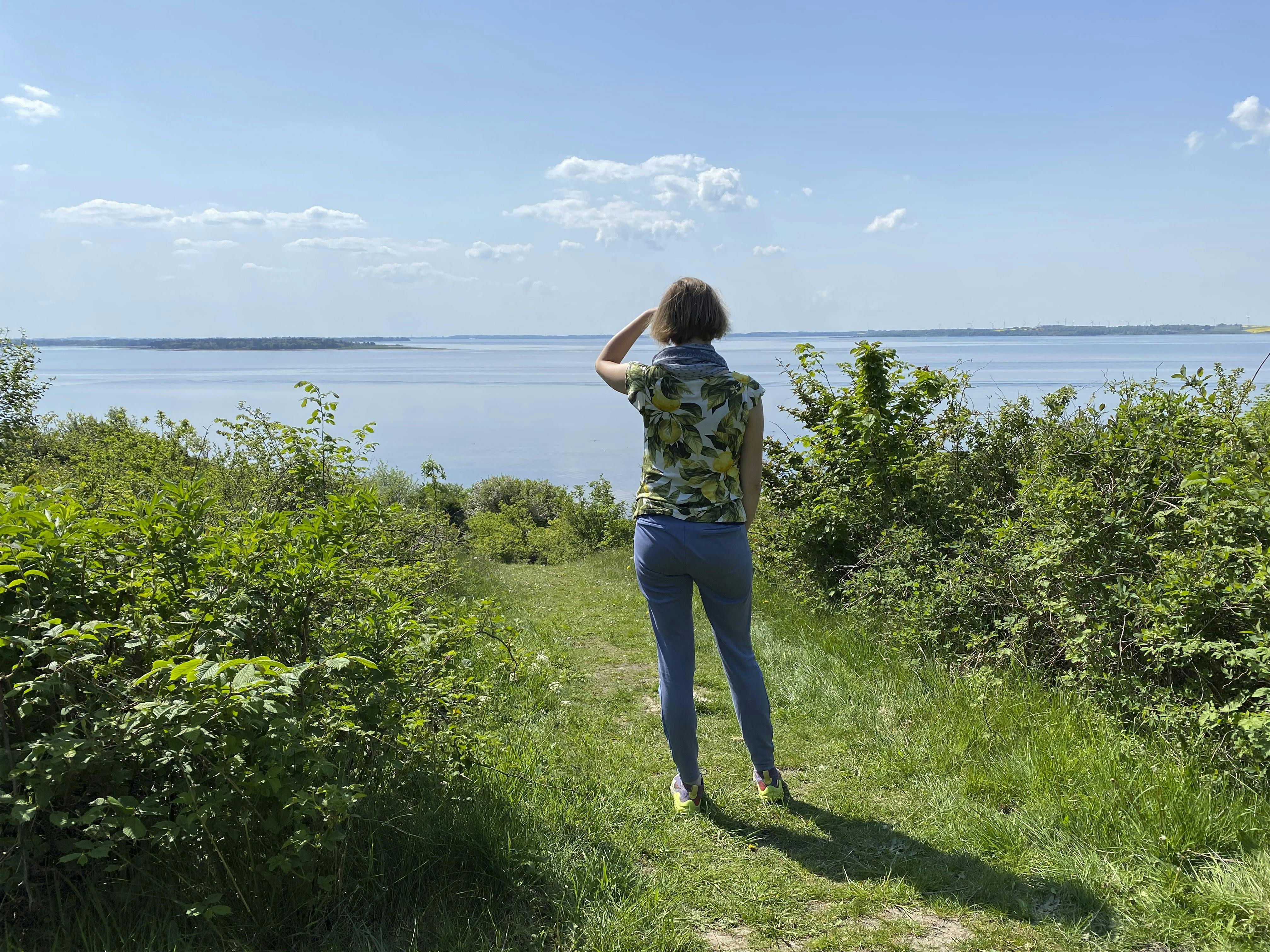 Fra stien på toppen af Melbjerg Hoved på Louns-halvøen får man serveret et pragtfuldt panoramakig over limfjordslandskabet.
