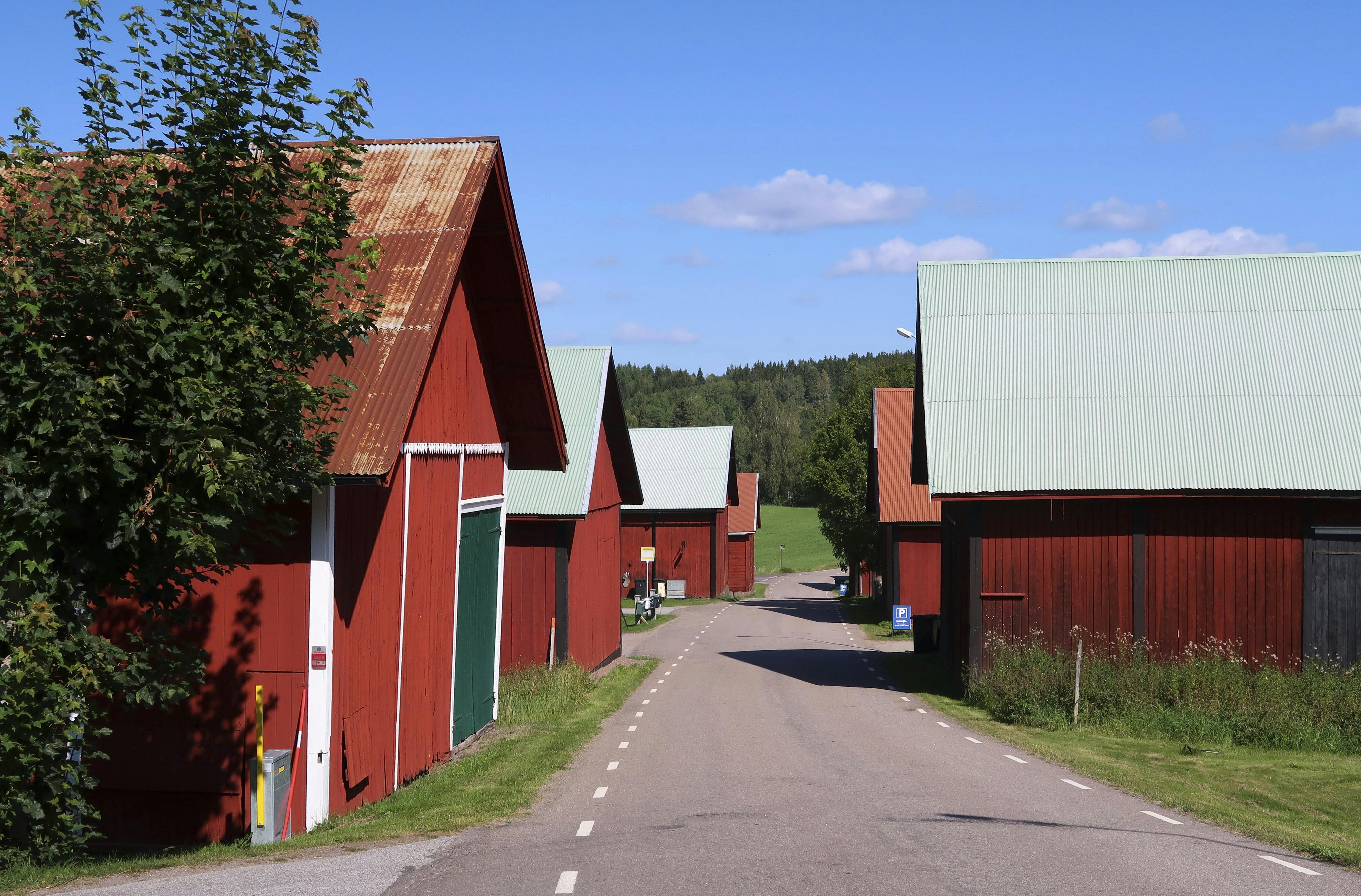 De røde trælader i Djursdala ligger med gavlen ud til vejen, som de har gjort det hundreder af år.