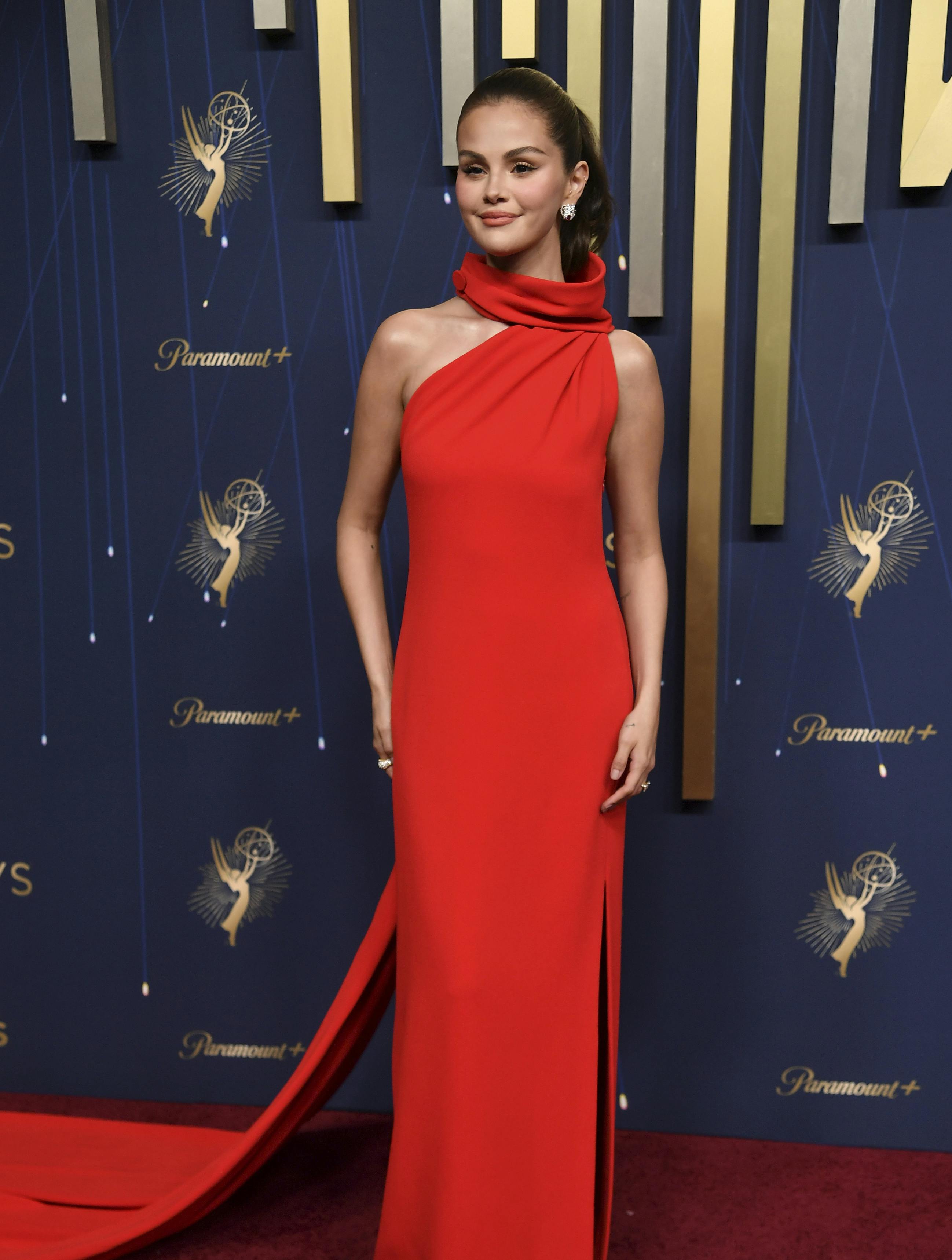 Selena Gomez arrives at the 77th Primetime Emmy Awards on Sunday, Sept. 14, 2025, at the Peacock Theater in Los Angeles. (Photo by Richard Shotwell/Invision/AP)
