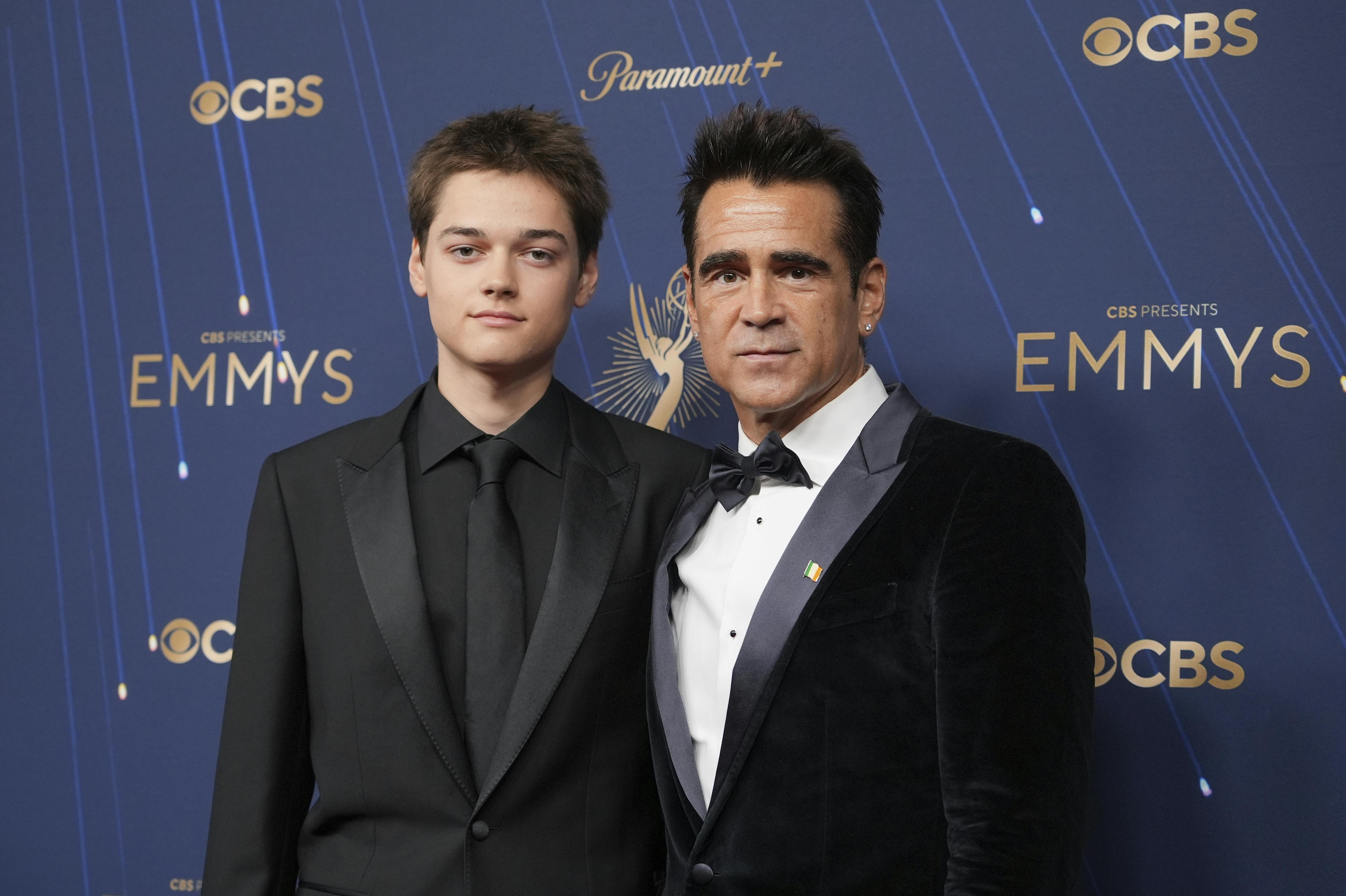 Henry Farrell, left, and Colin Farrell arrive at the 77th Primetime Emmy Awards on Sunday, Sept. 14, 2025, at the Peacock Theater in Los Angeles. (AP Photo/Jae C. Hong)