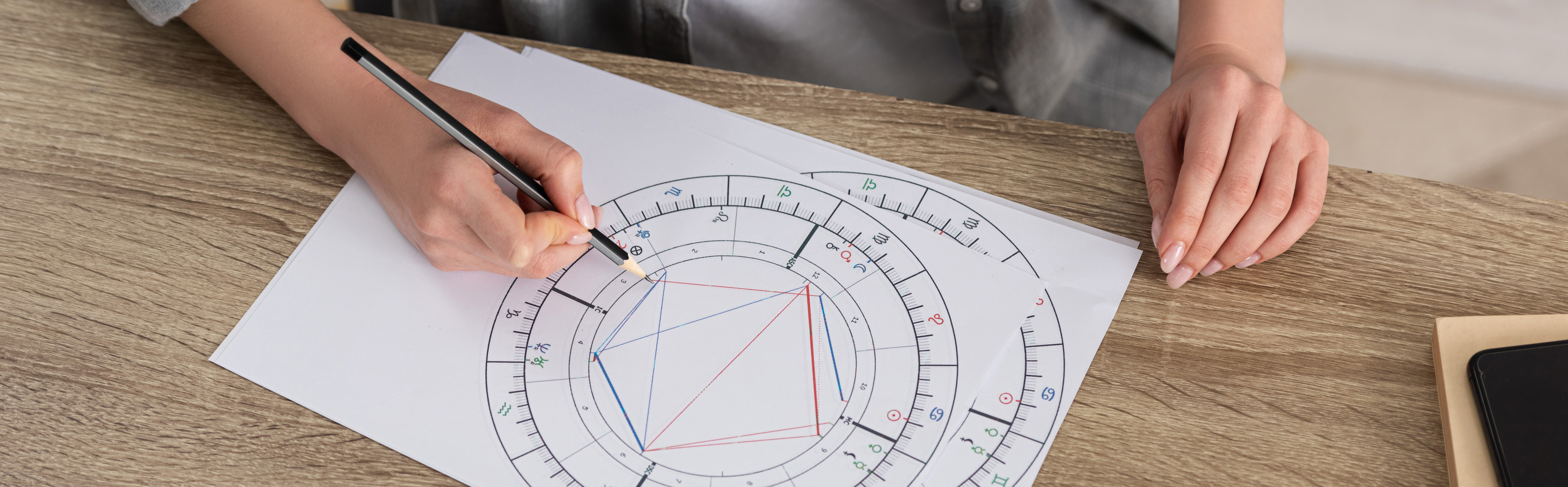 Cropped view of woman drawing natal chart at table, panoramic shot