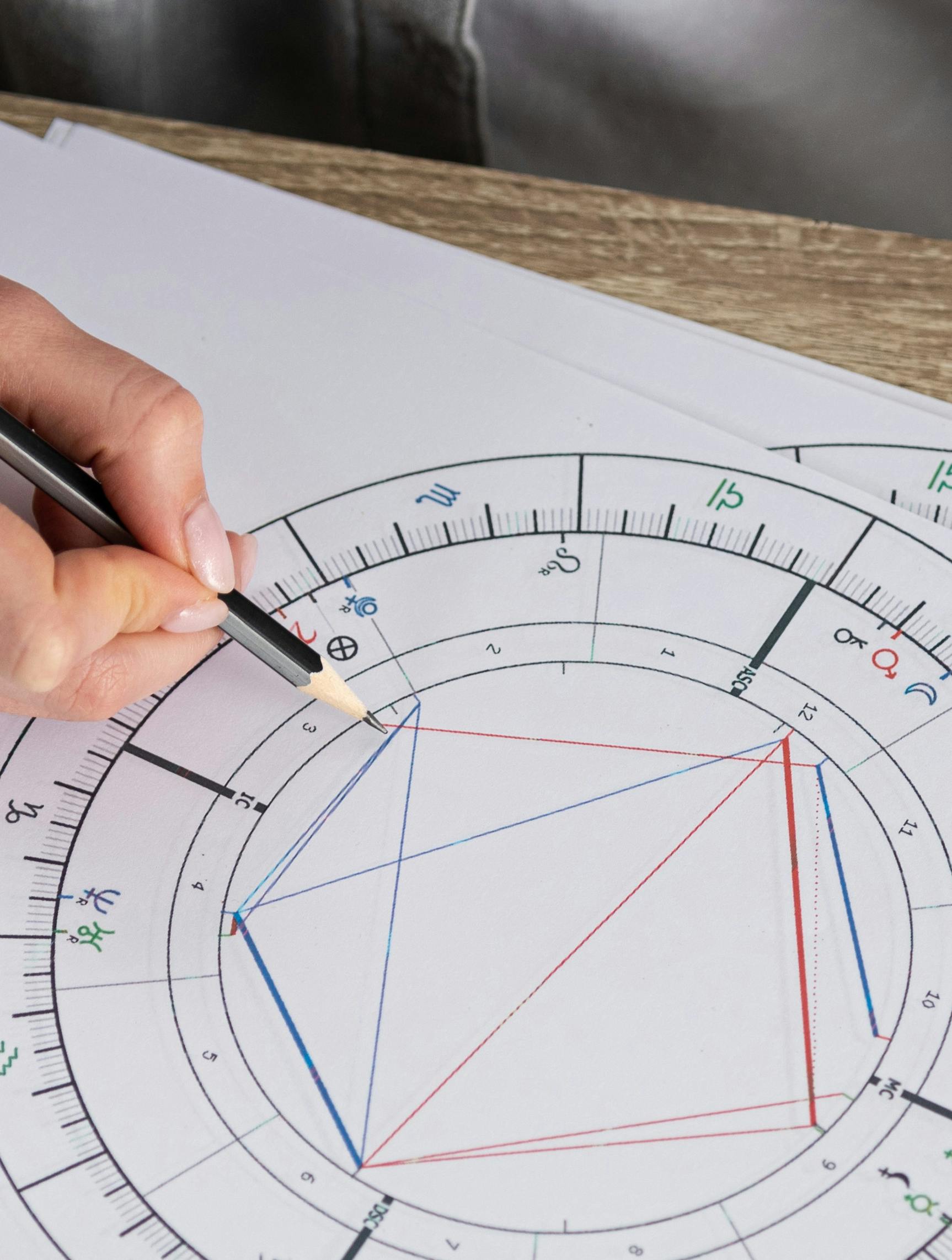 Cropped view of woman drawing natal chart at table, panoramic shot