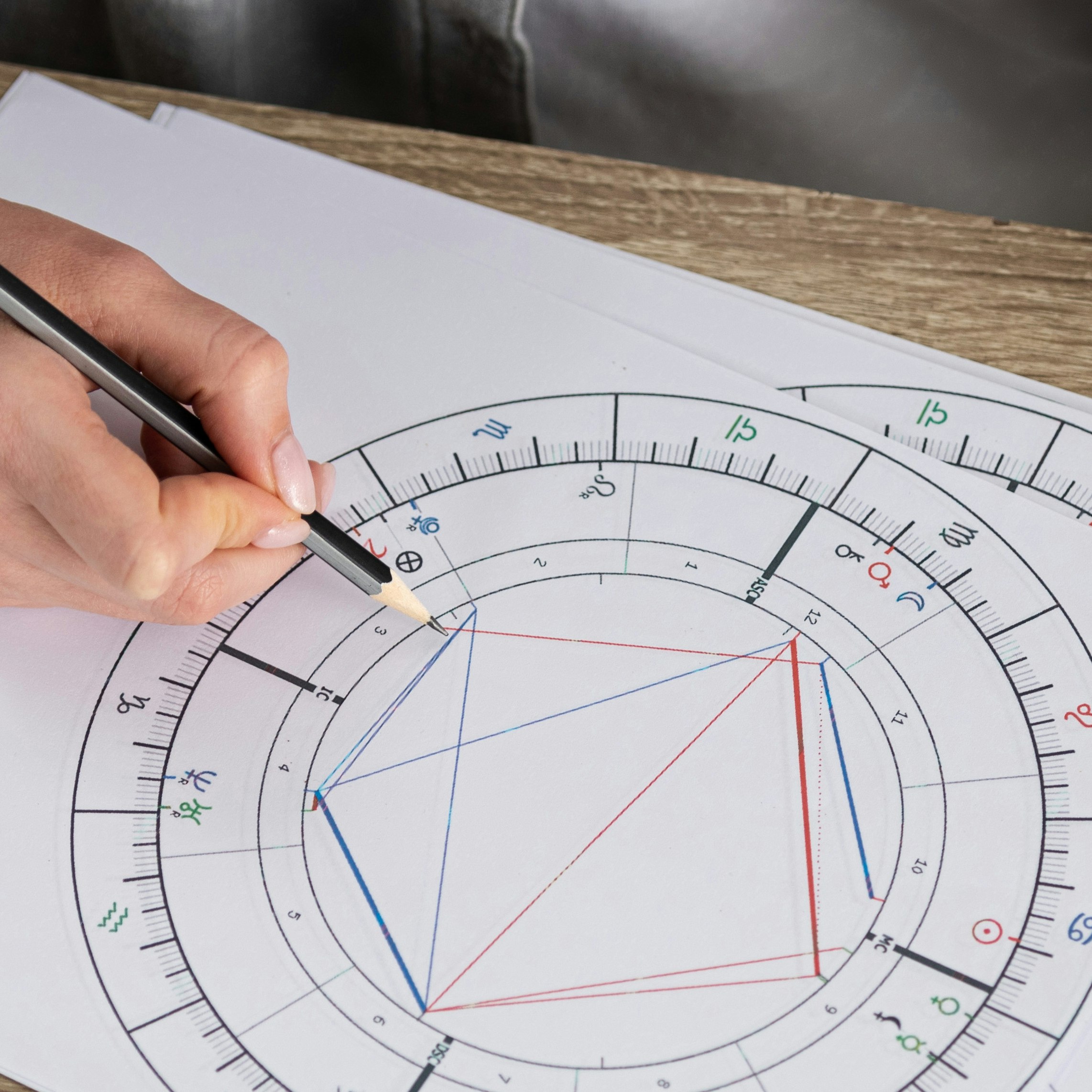 Cropped view of woman drawing natal chart at table, panoramic shot