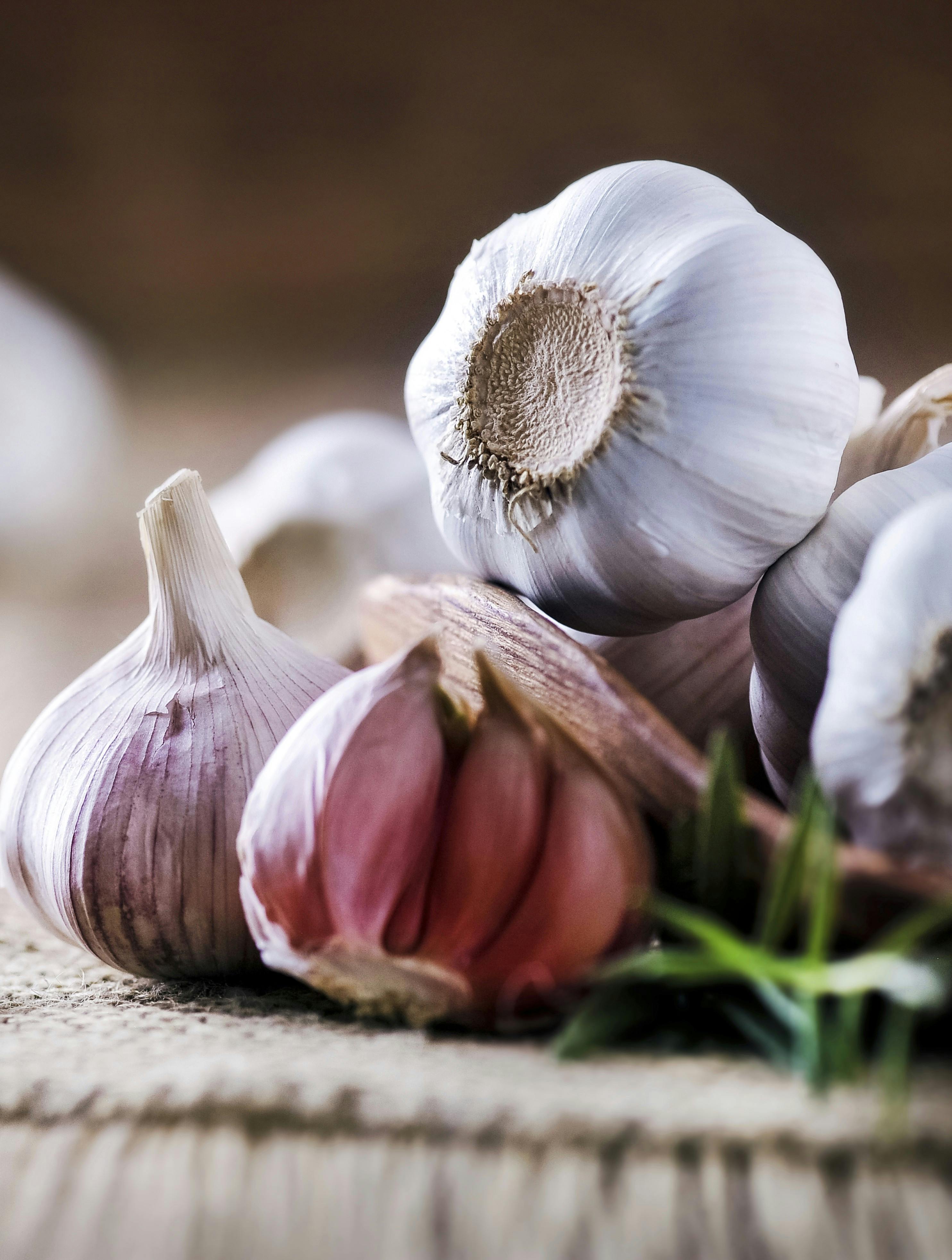 Garlic cloves on rustic table in wooden bowl. Fresh peeled garlics and bulbs.