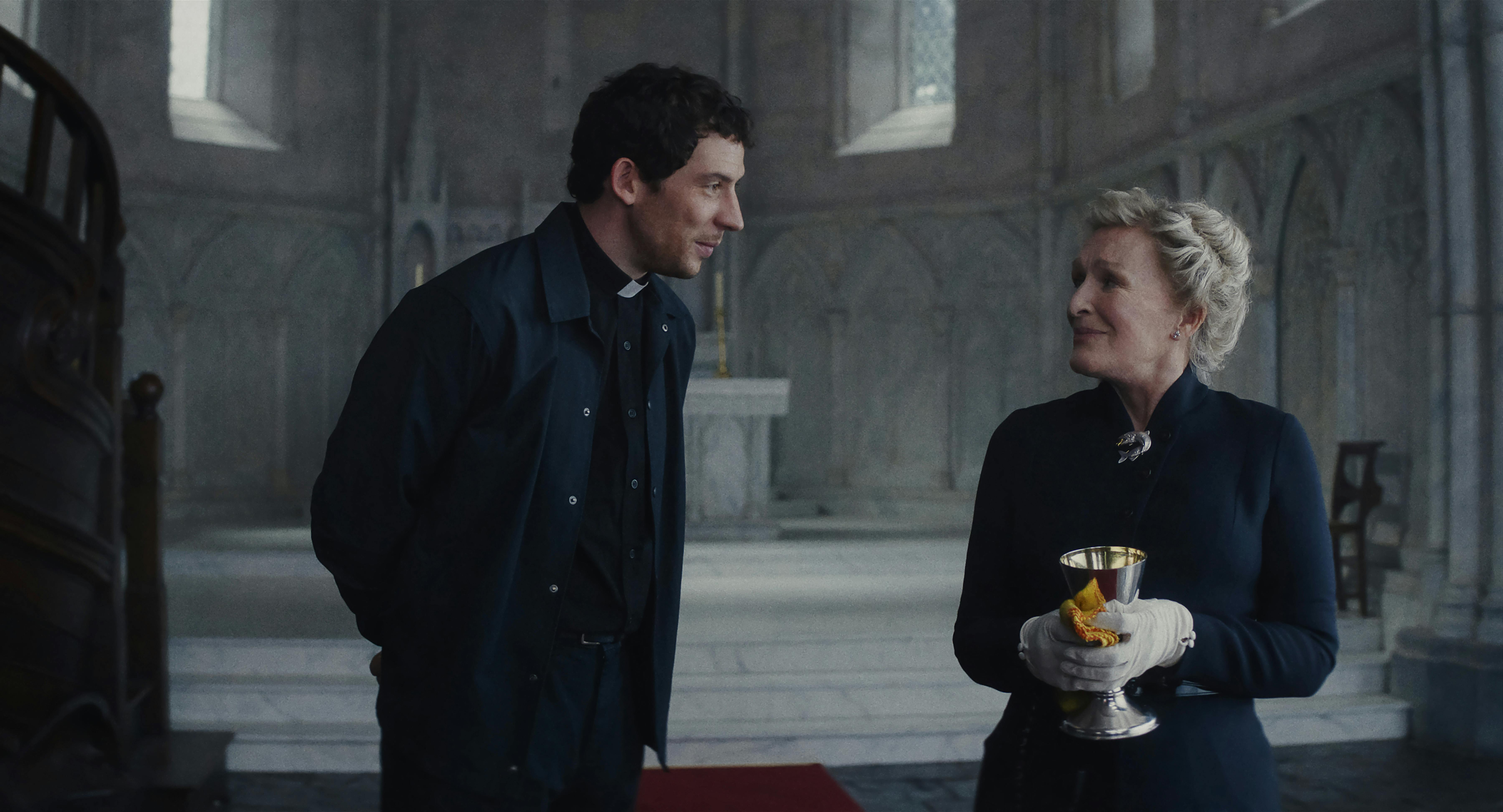 Wake Up Dead Man: A Knives Out Mystery. (L-R) Josh O’Connor and Glenn Close in Wake Up Dead Man: A Knives Out Mystery. Cr. Courtesy of Netflix © 2025