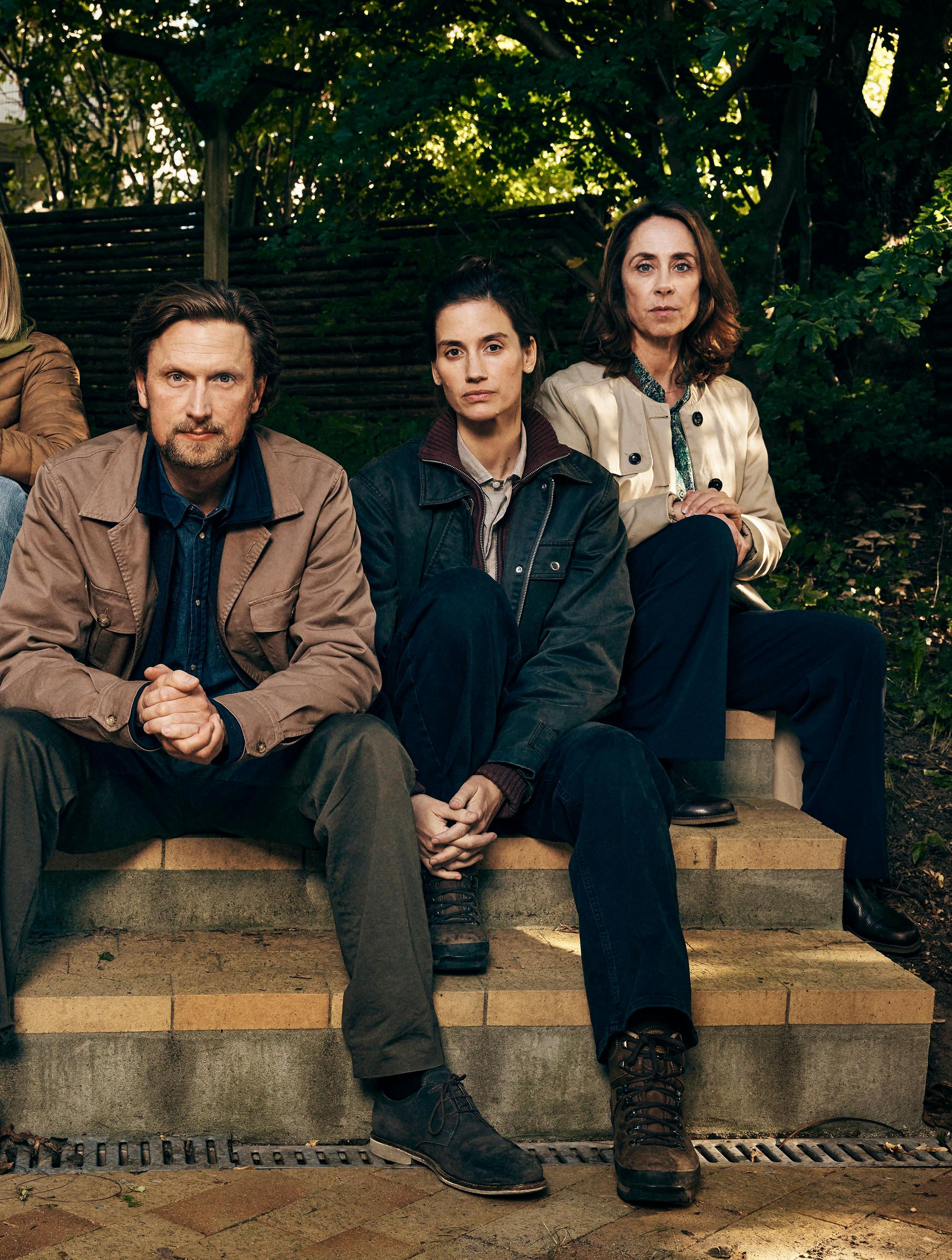 Kastjanemanden. (L to R) Katinka Lærke Petersen as Sandra Lindstrøm, Mikkel Boe Følsgaard as Mark Hess, Danica Curcic as Naia Thulin, Sofie Gråbøl as Marie Holst in Kastanjemanden. Cr. Courtesy of Netflix © 2024