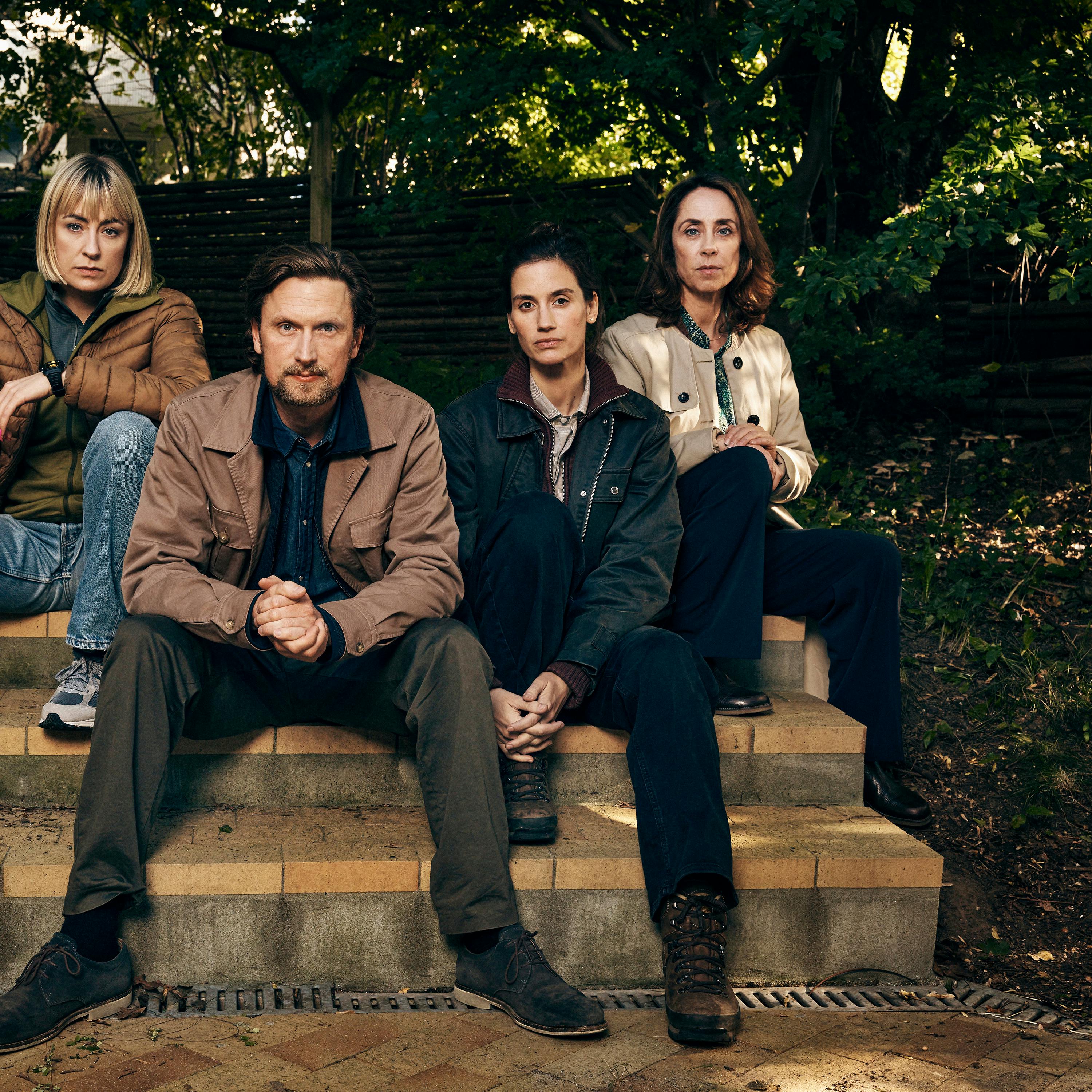 Kastjanemanden. (L to R) Katinka Lærke Petersen as Sandra Lindstrøm, Mikkel Boe Følsgaard as Mark Hess, Danica Curcic as Naia Thulin, Sofie Gråbøl as Marie Holst in Kastanjemanden. Cr. Courtesy of Netflix © 2024