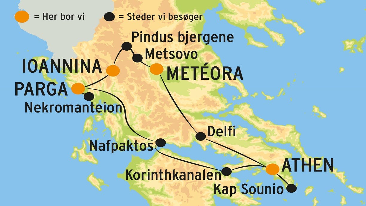 På rundrejsen i det nordlige Grækenland besøger vi Athen, Akropolis, Kap Suonio, Delfi, Kastraki, Metéora, Epirus-regionen, Metsovo, Ioannina, Parga, floden Styx og Korinthkanalen.