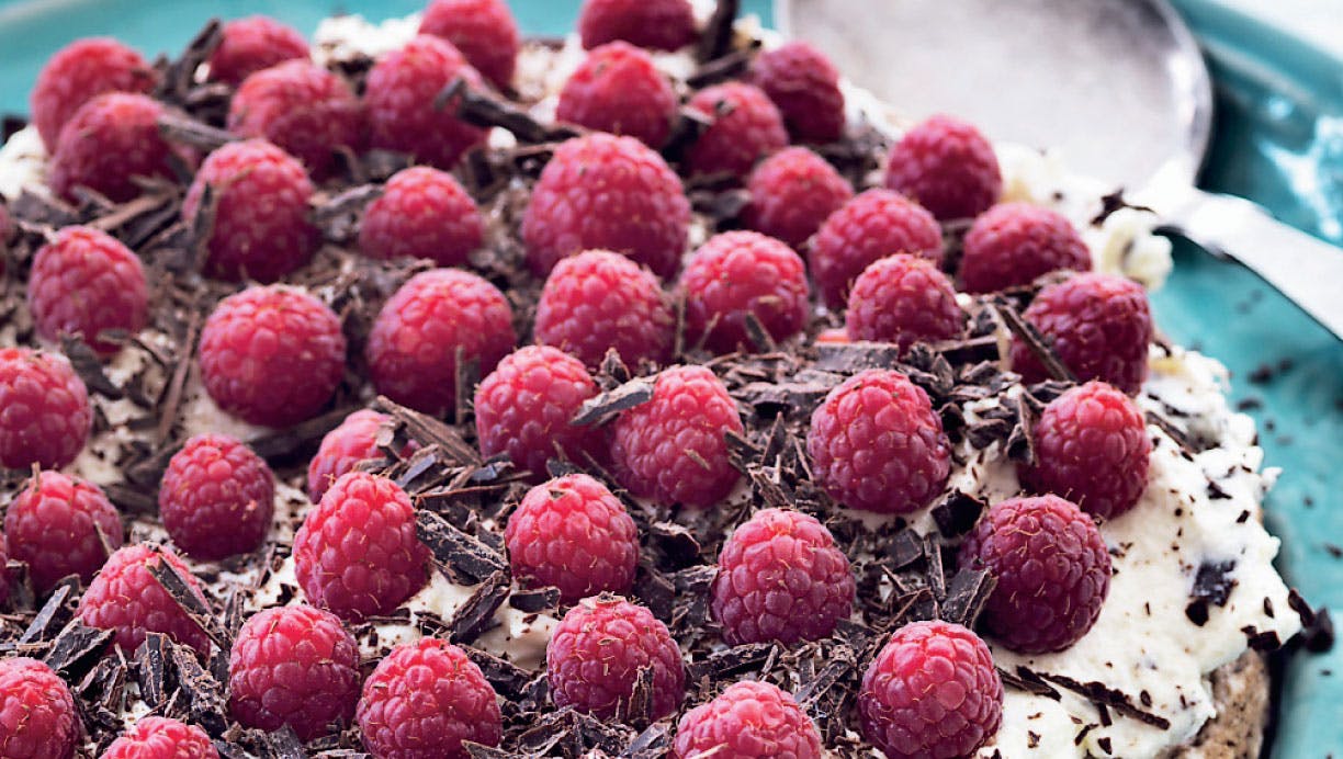 Chokolademandelbund med rabarberskum og bær
