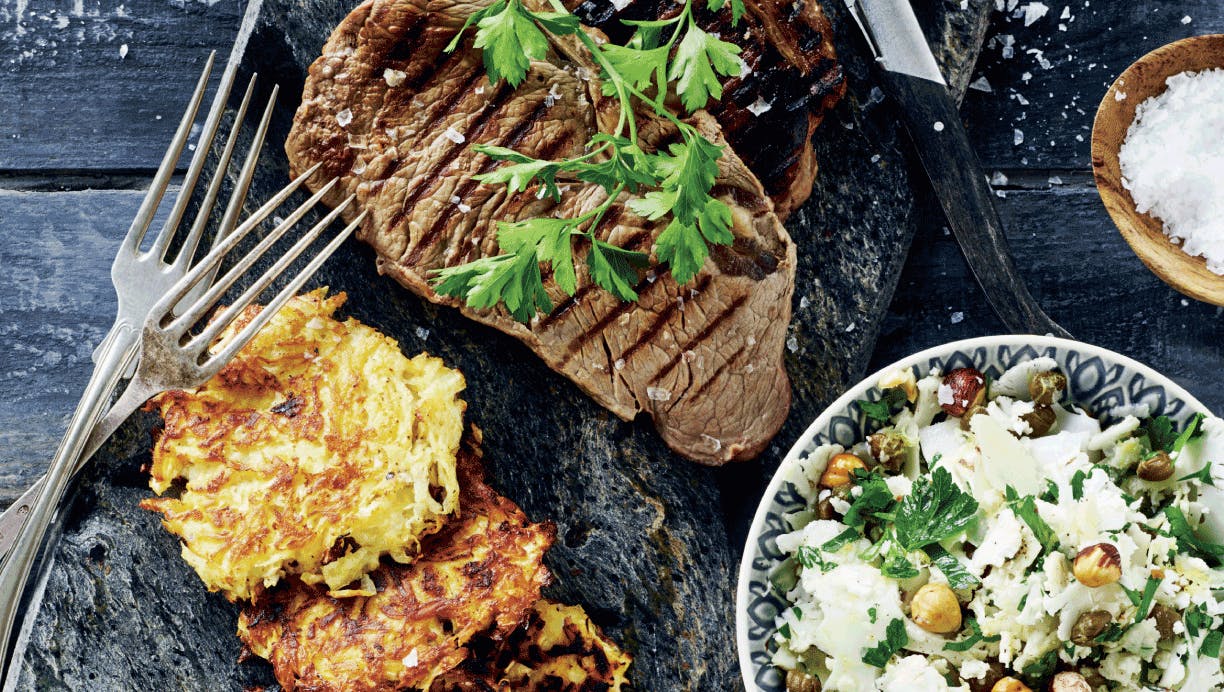 Ribeye med sellerirøsti og blomkålssalat