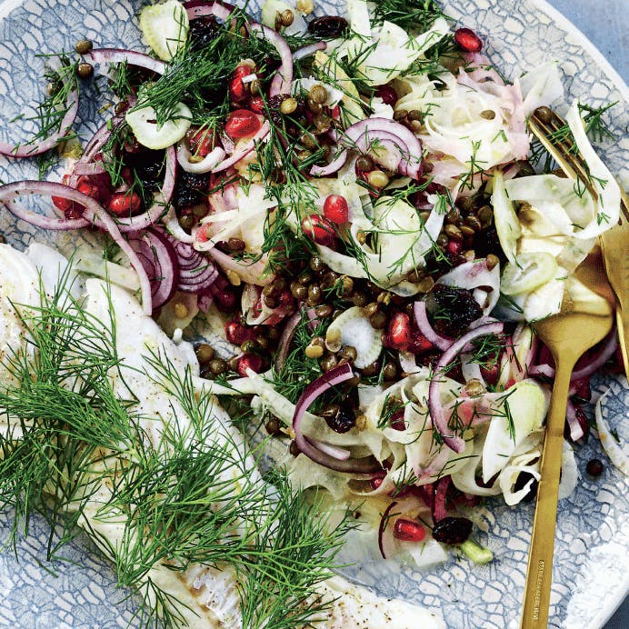 Bagt torsk med grøn linsesalat