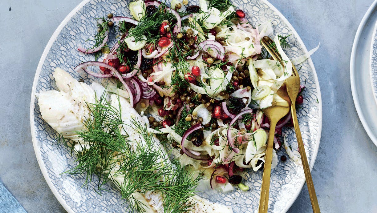 Bagt torsk med grøn linsesalat