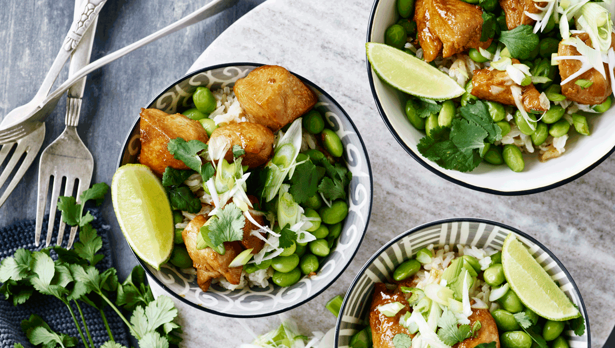 Teriyaki-kylling med edamamebønner og ris 