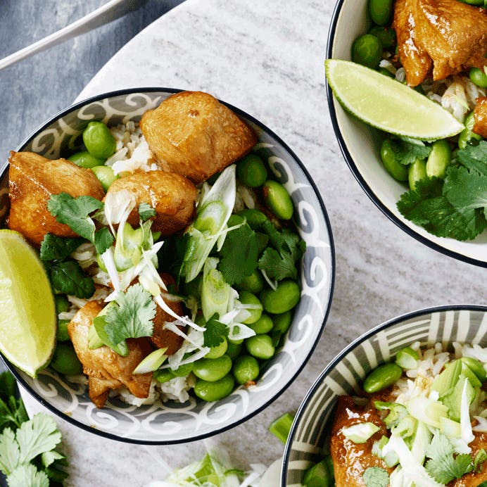 Teriyaki-kylling med edamamebønner og ris