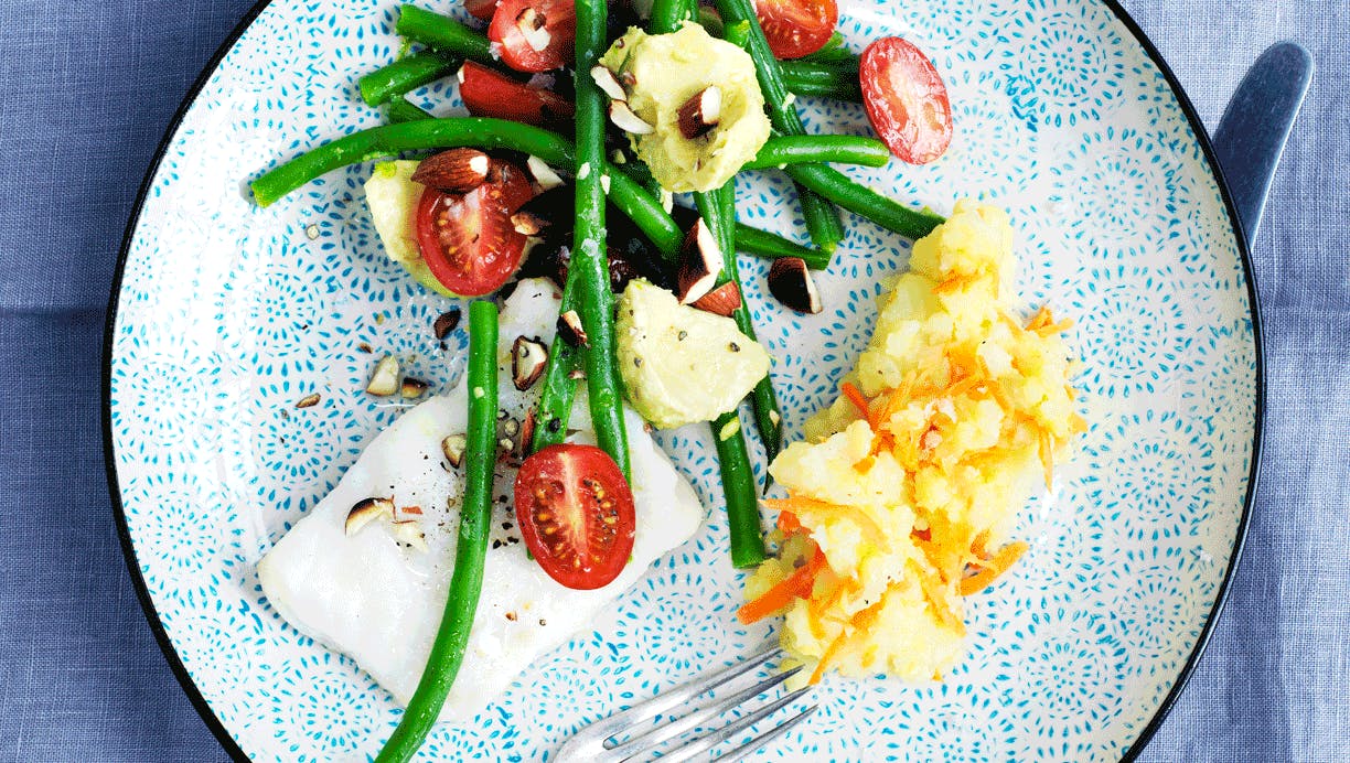 Syltet torsk med grov mos og bønnesalat