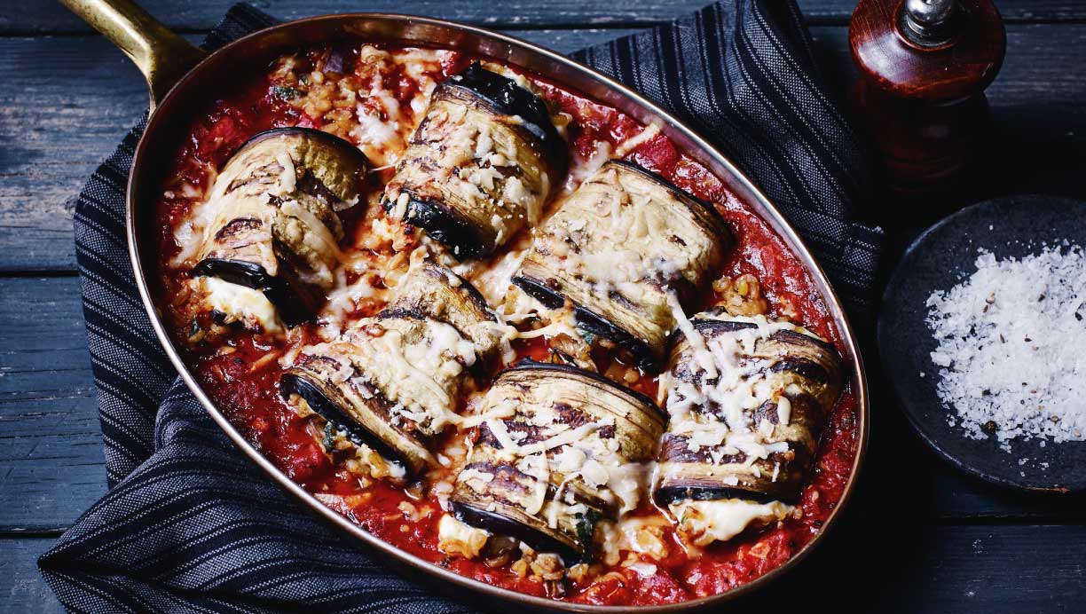 Aubergine-ruller med ricotta og bulgur