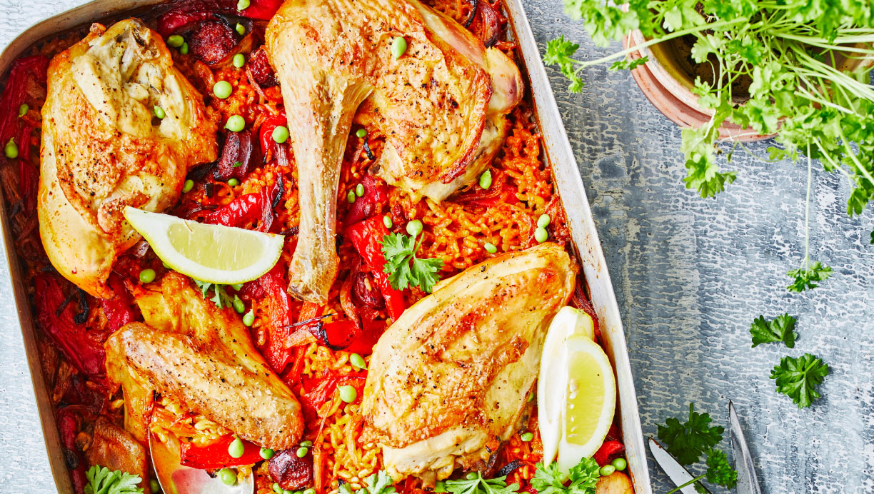 Opskrift på paella i fad.