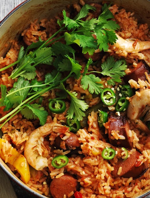 Jambalaya med pølser og rejer