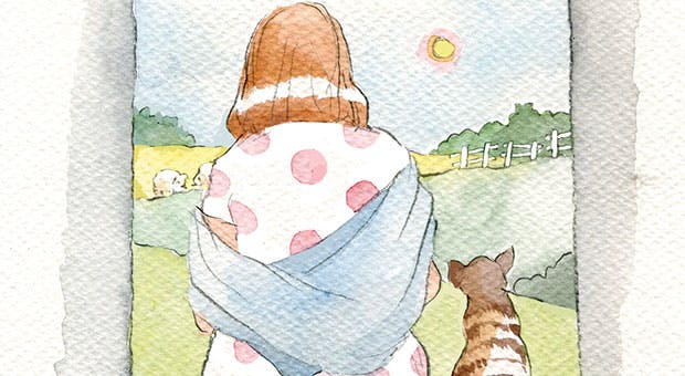 Brev til Nikoline Werdelin. Illustration af kvinde der kigget ud over en eng.