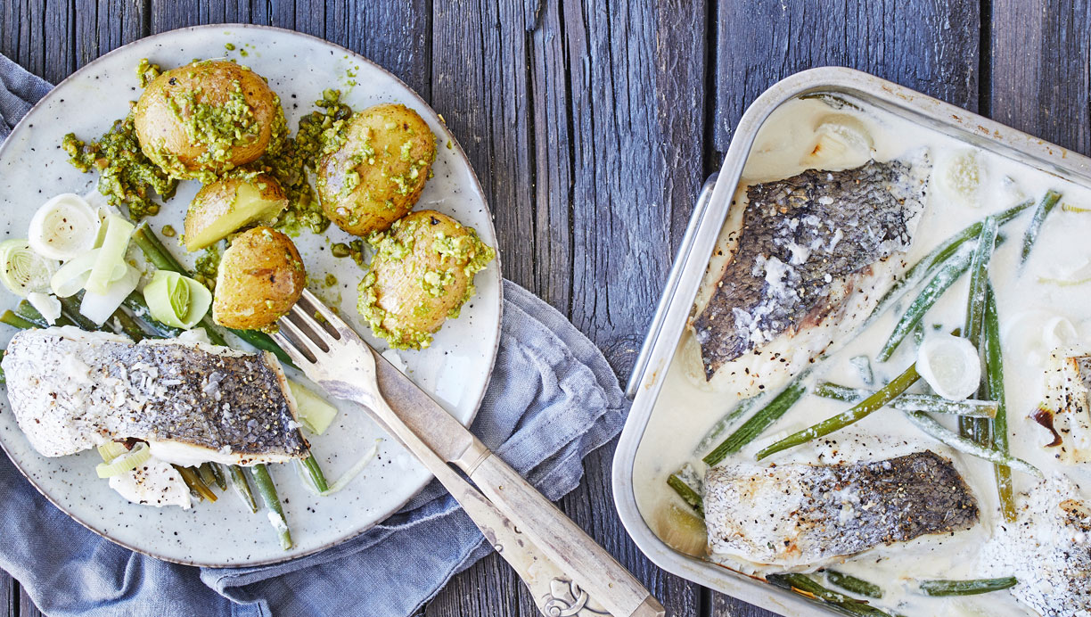 madplan - dampet kulmule med grønne bønner og pesto-kartofler