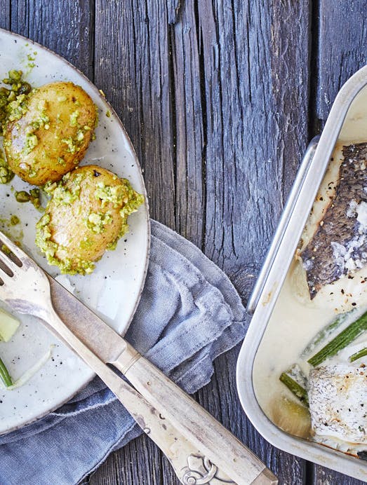 madplan - dampet kulmule med grønne bønner og pesto-kartofler