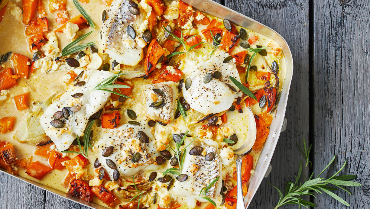 Dampet torsk med græskar og feta 