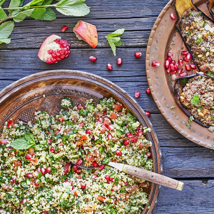 Fyldte kebab-auberginer med tabbouleh