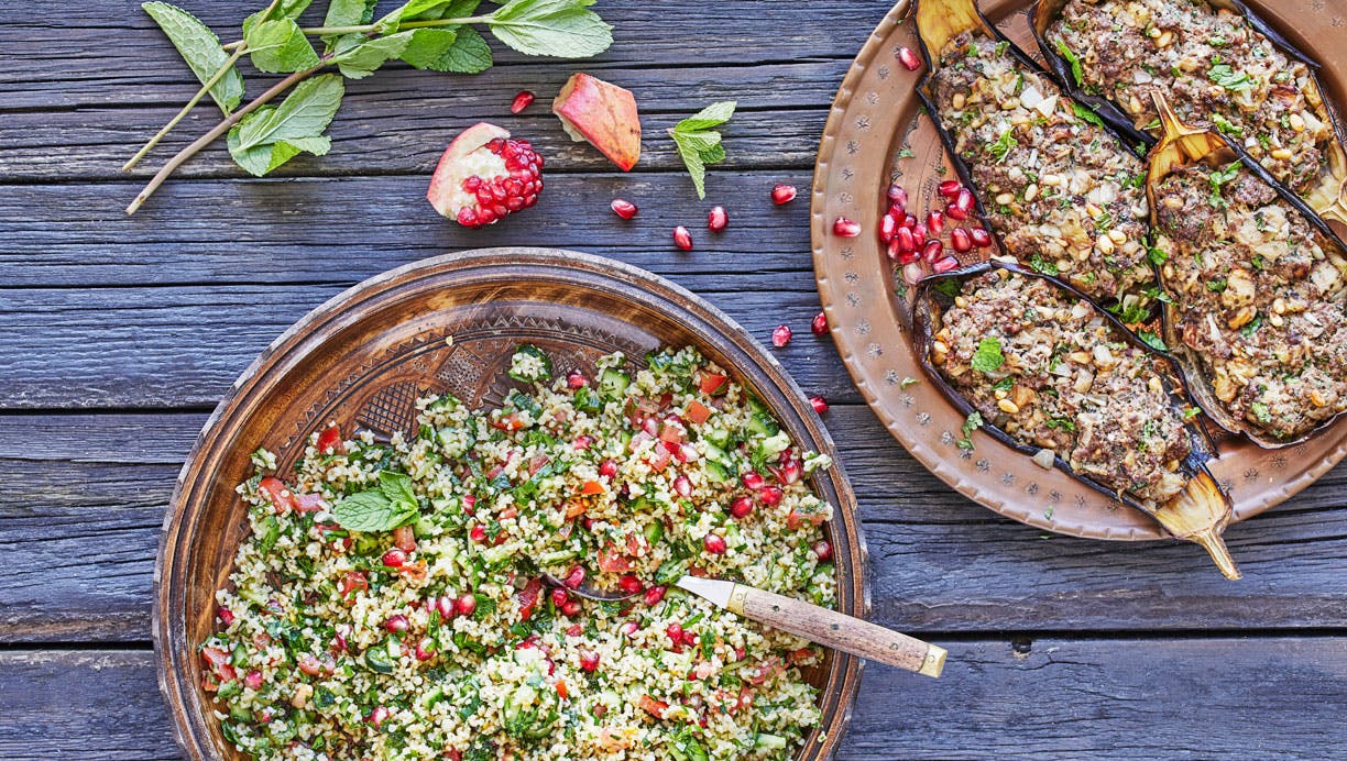 Fyldte kebab-auberginer med tabbouleh
